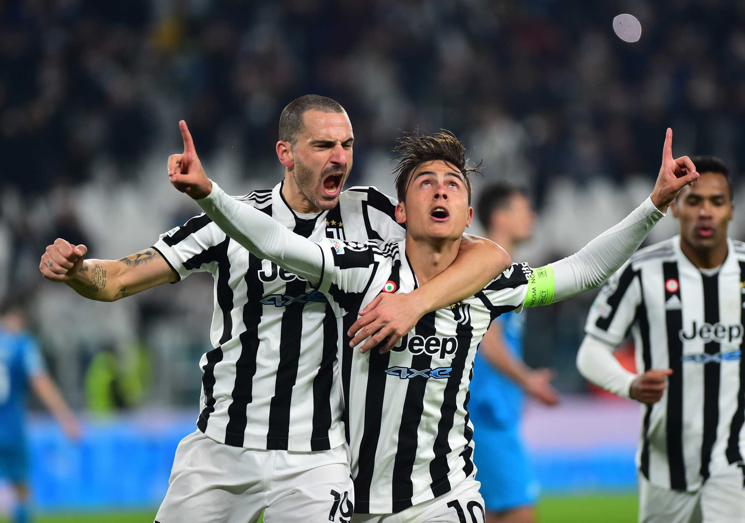 Soccer Football - Champions League - Group H - Juventus v Zenit Saint Petersburg - Allianz Stadium, Turin, Italy - November 2, 2021 Juventus' Paulo Dybala celebrates scoring their second goal with Leonardo Bonucci REUTERS