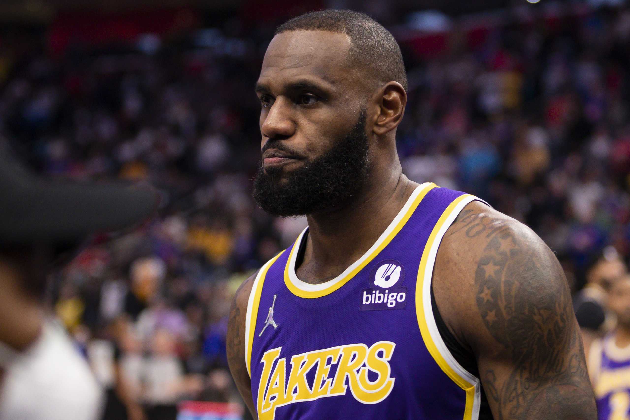 Nov 21, 2021; Detroit, Michigan, USA; Los Angeles Lakers forward LeBron James (6) walks off the court after being ejected from the game during the third quarter against the Detroit Pistons at Little Caesars Arena. Mandatory Credit: Raj Mehta-USA TODAY Sports
