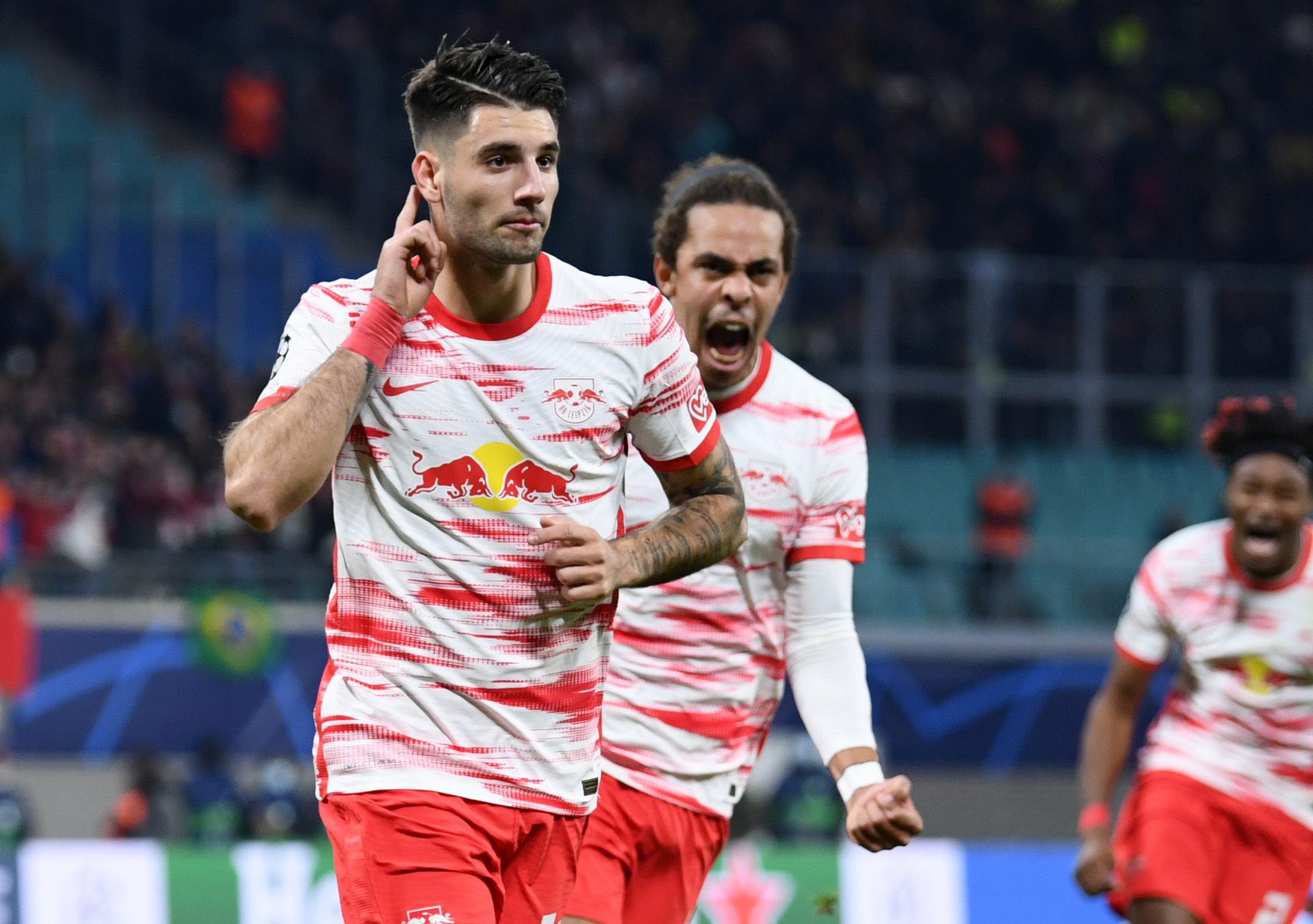 Soccer Football - Champions League - Group A - RB Leipzig v Paris St Germain - Red Bull Arena, Leipzig, Germany - November 3, 2021 RB Leipzig's Dominik Szoboszlai celebrates scoring their second goal REUTERS