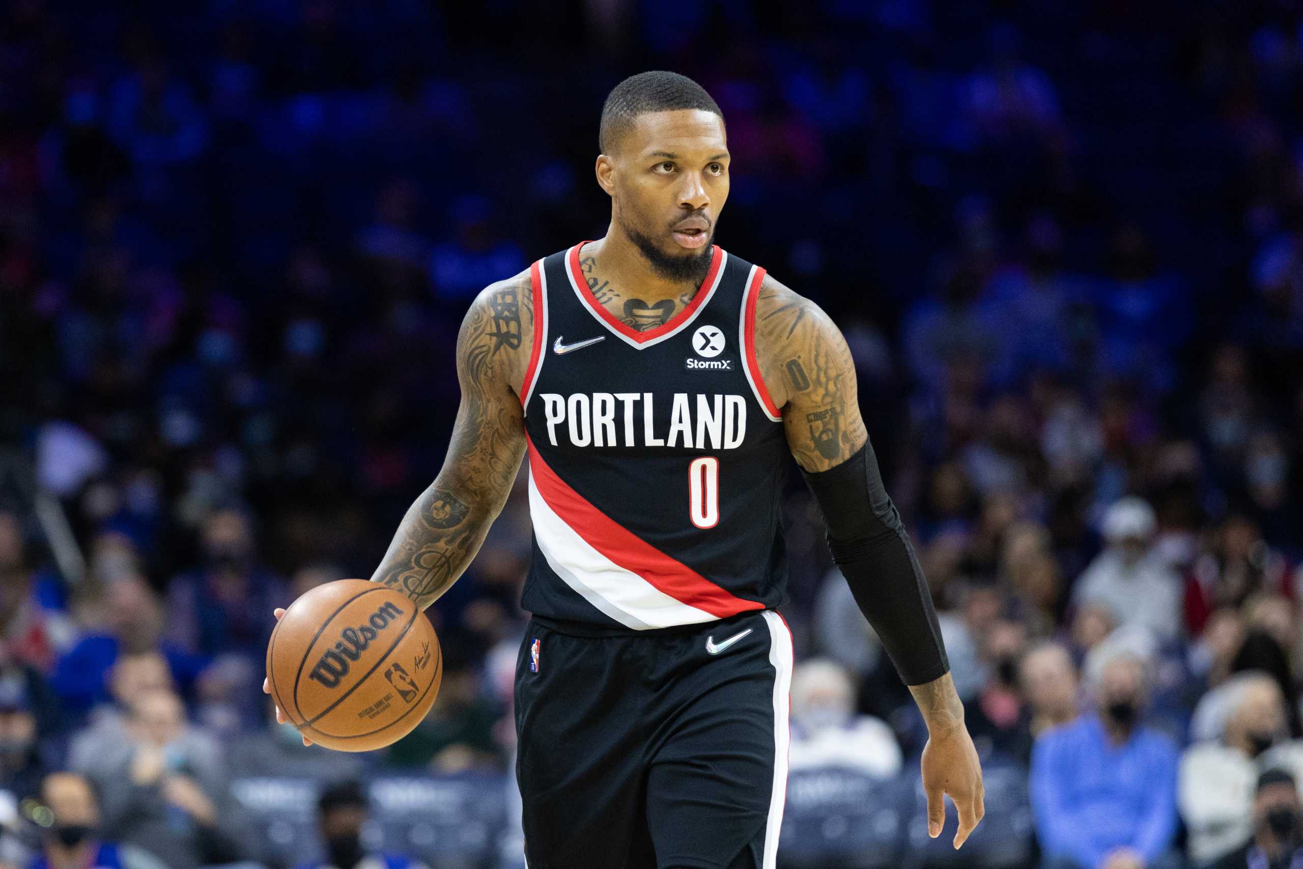 Nov 1, 2021; Philadelphia, Pennsylvania, USA; Portland Trail Blazers guard Damian Lillard (0) dribbles the ball against the Philadelphia 76ers during the first quarter at Wells Fargo Center. Mandatory Credit: Bill Streicher-USA TODAY Sports
