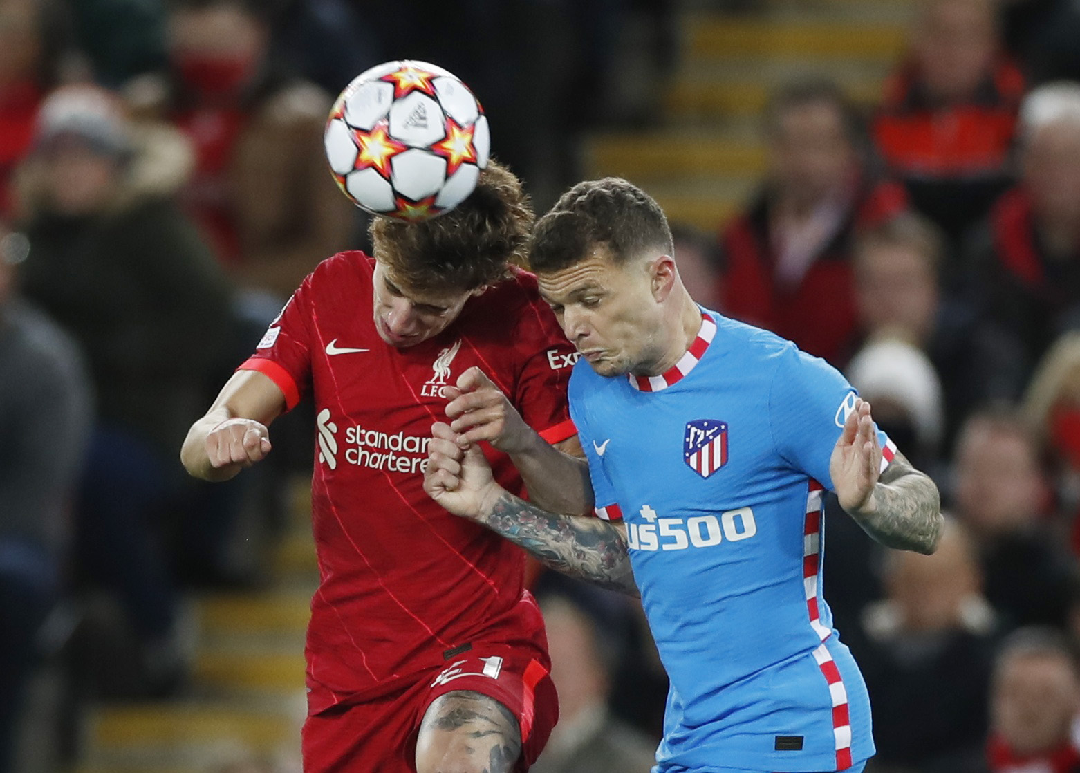 Soccer Football - Champions League - Group B - Liverpool v Atletico Madrid - Anfield, Liverpool, Britain - November 3, 2021 Liverpool's Kostas Tsimikas in action with Atletico Madrid's Kieran Trippier Action Images via Reuters