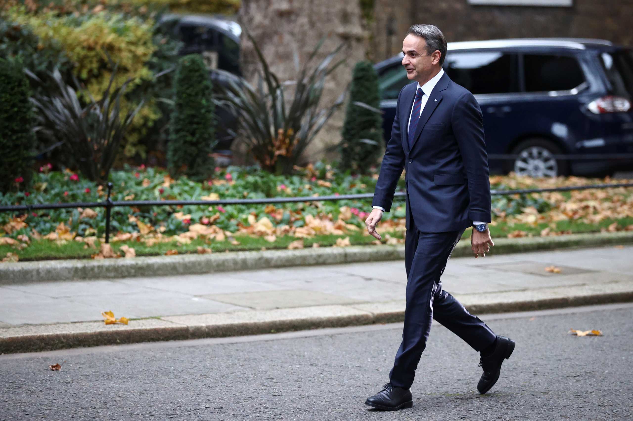 Greece's Prime Minister Kyriakos Mitsotakis arrives to meet Britain's Prime Minister Boris Johnson outside Downing Street, in London, Britain, November 16, 2021. REUTERS