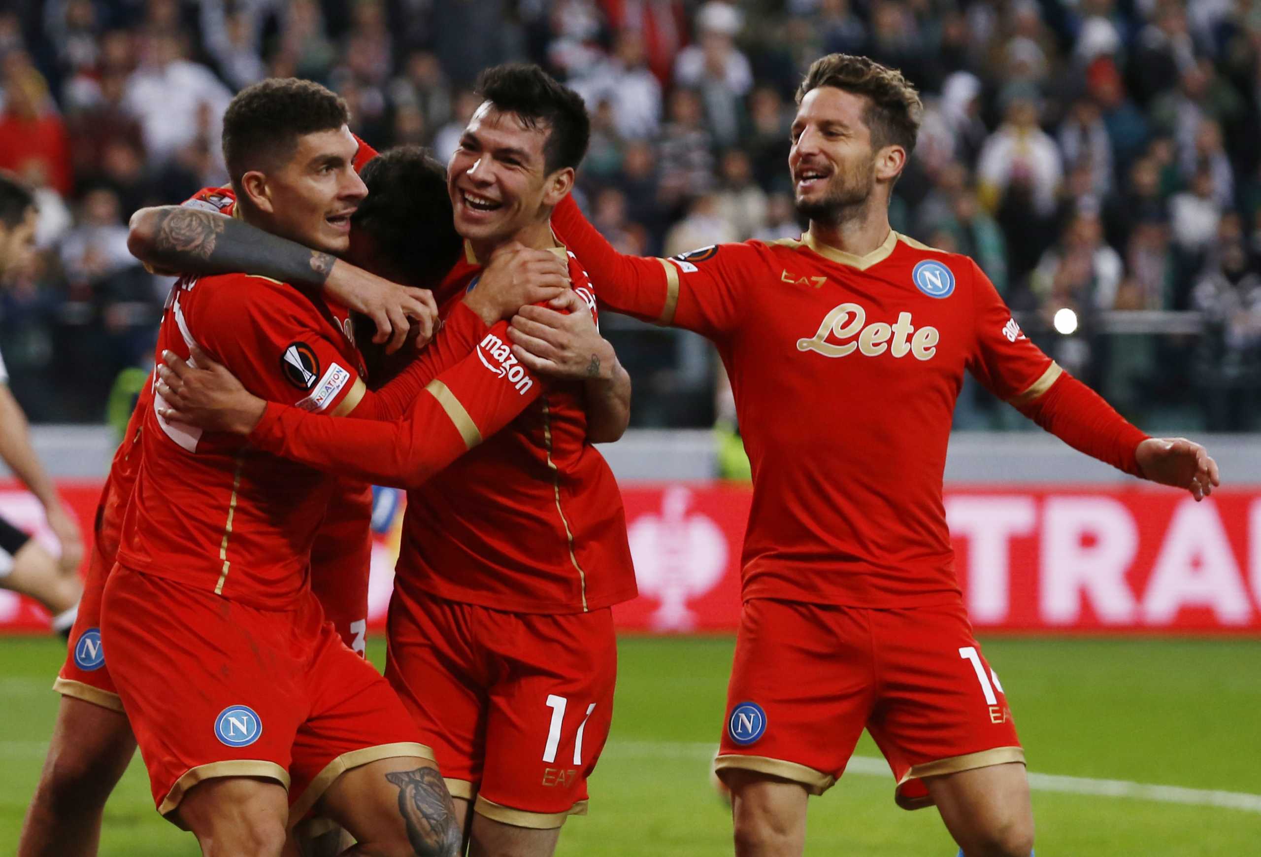 Soccer Football - Europa League - Group C - Legia Warsaw v Napoli - Stadion Wojska Polskiego, Warsaw, Poland - November 4, 2021 Napoli's Hirving Lozano celebrates scoring their third goal with teammates REUTERS