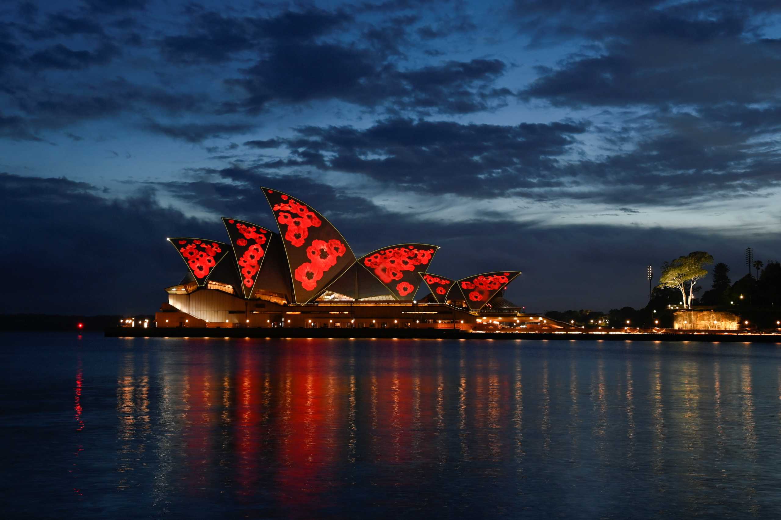 Poppies are projected onto the Sydney Opera House in observance of Remembrance Day, commemorating the signing of the peace agreement that ended the first World War and honouring those who served, in Sydney, Australia, November 11, 2021.  REUTERS