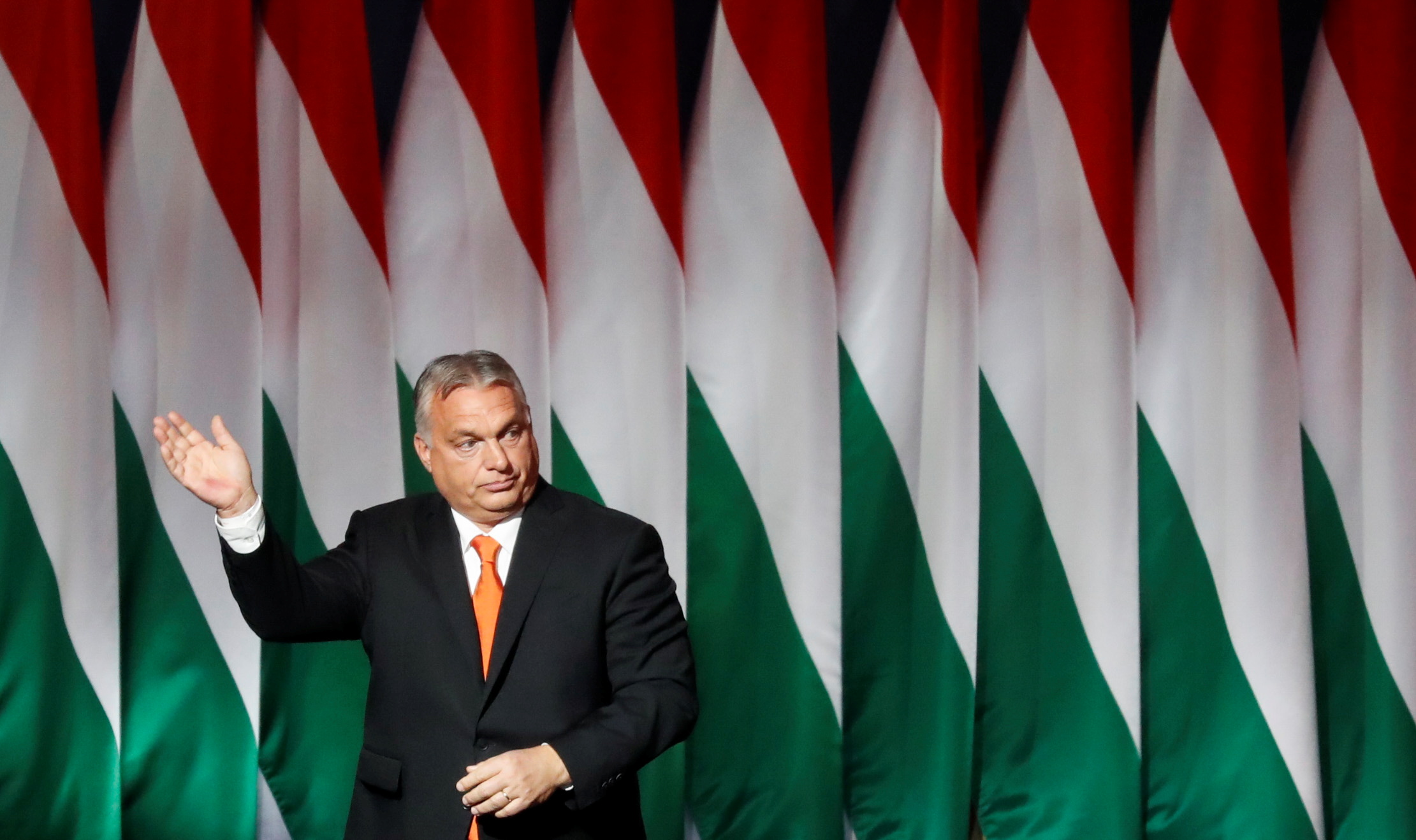 Hungarian Prime Minister Viktor Orban gestures during the Fidesz party congress in Budapest, Hungary, November 14, 2021. REUTERS