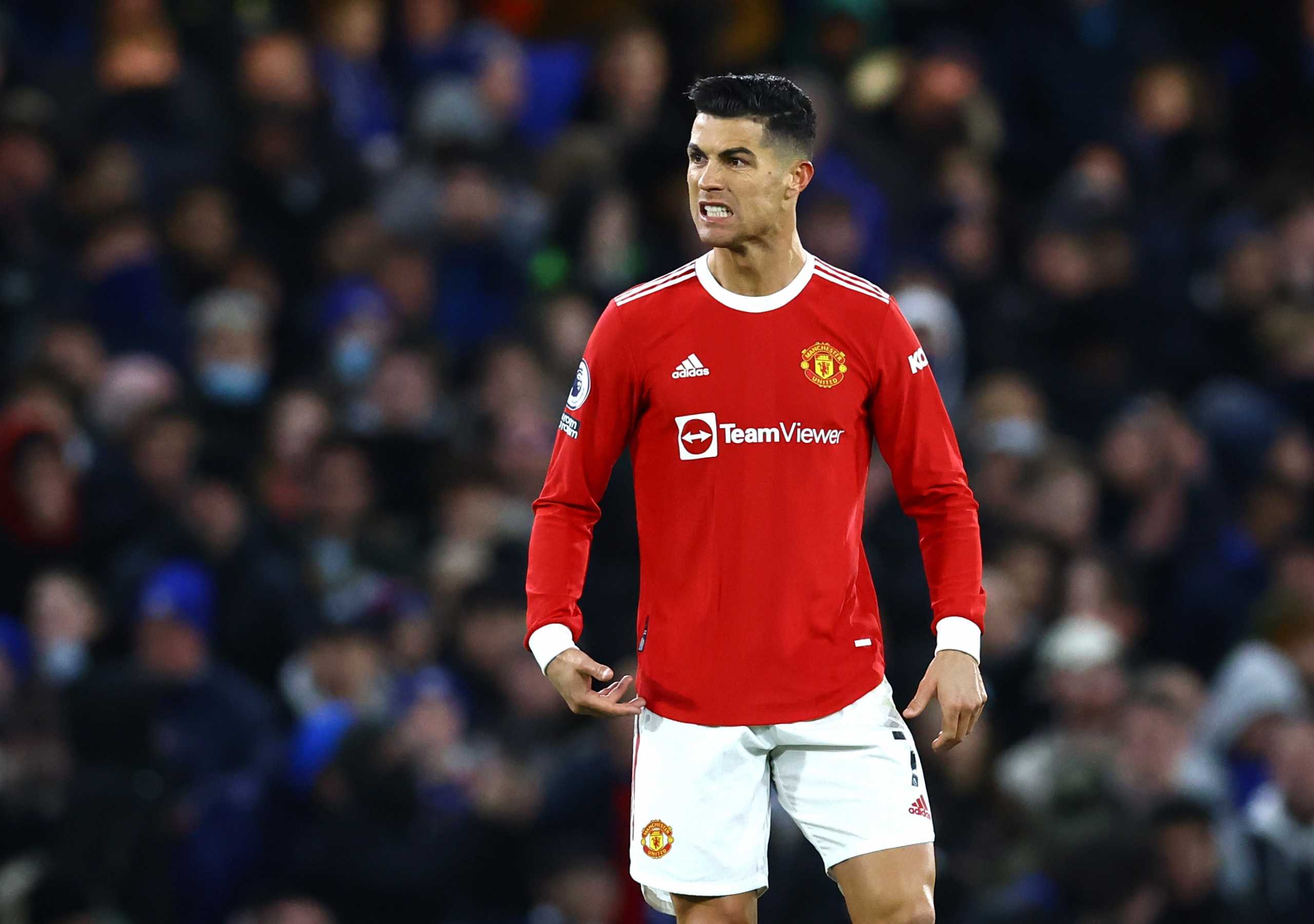 Soccer Football - Premier League - Chelsea v Manchester United - Stamford Bridge, London, Britain - November 28, 2021 Manchester United's Cristiano Ronaldo reacts REUTERS