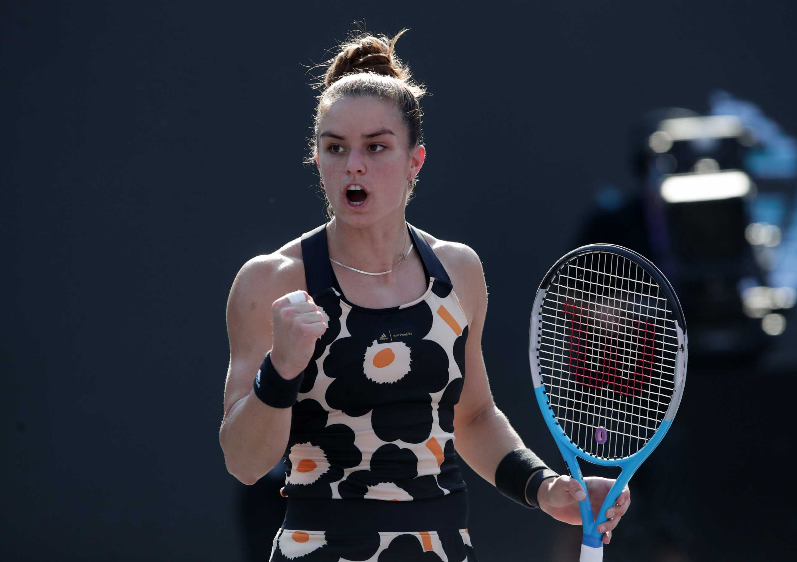 Tennis - WTA Tour Finals - Centro Panamericano de Tenis, Guadalajara, Mexico - November 11, 2021  Greece's Maria Sakkari reacts during her group stage match against Poland's Iga Swiatek REUTERS