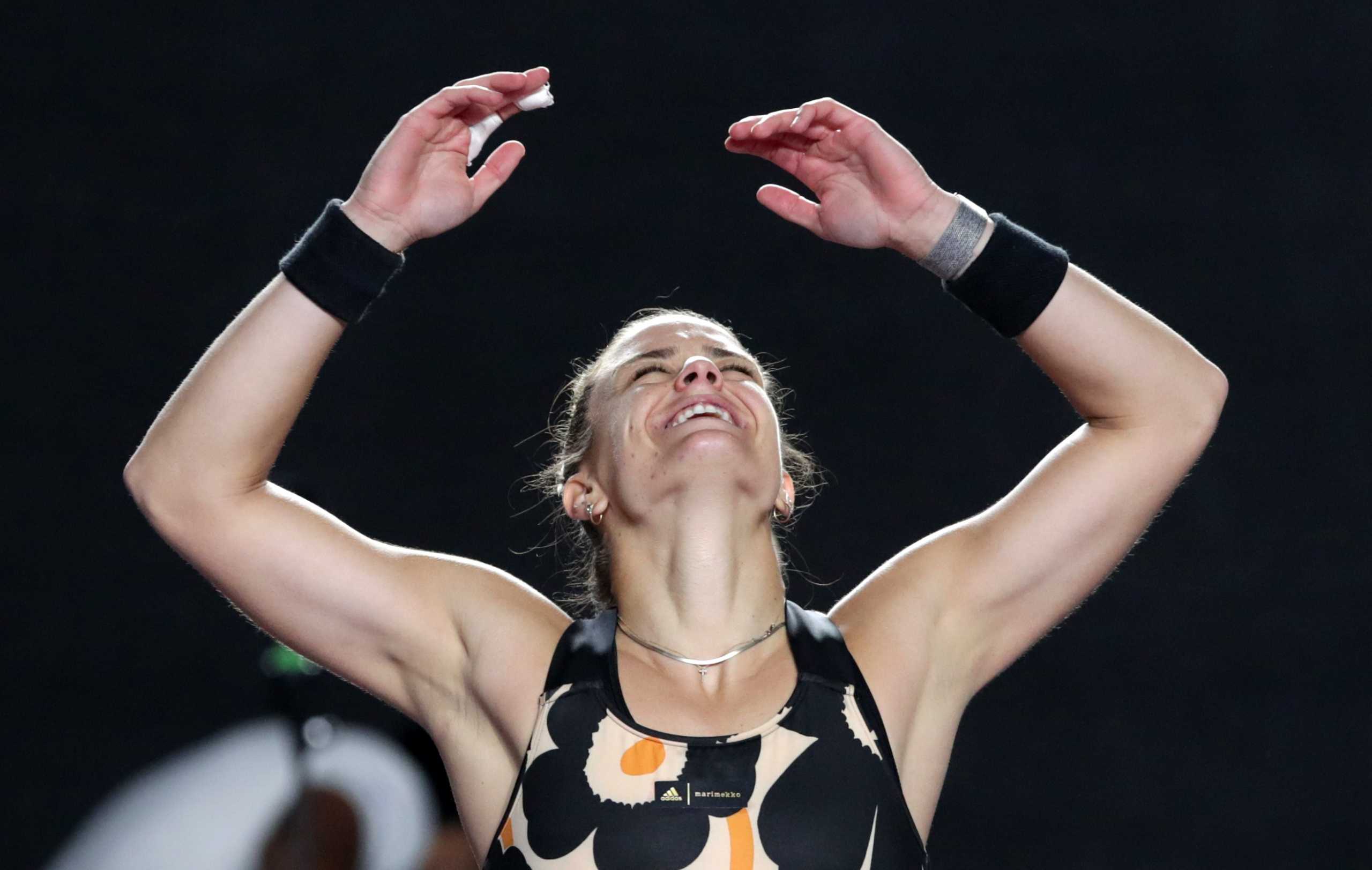 Tennis - WTA Tour Finals - Panamerican Tennis Center, Guadalajara, Mexico - November 15, 2021 Greece's Maria Sakkari celebrates after winning her group stage match against Belarus' Aryna Sabalenka REUTERS