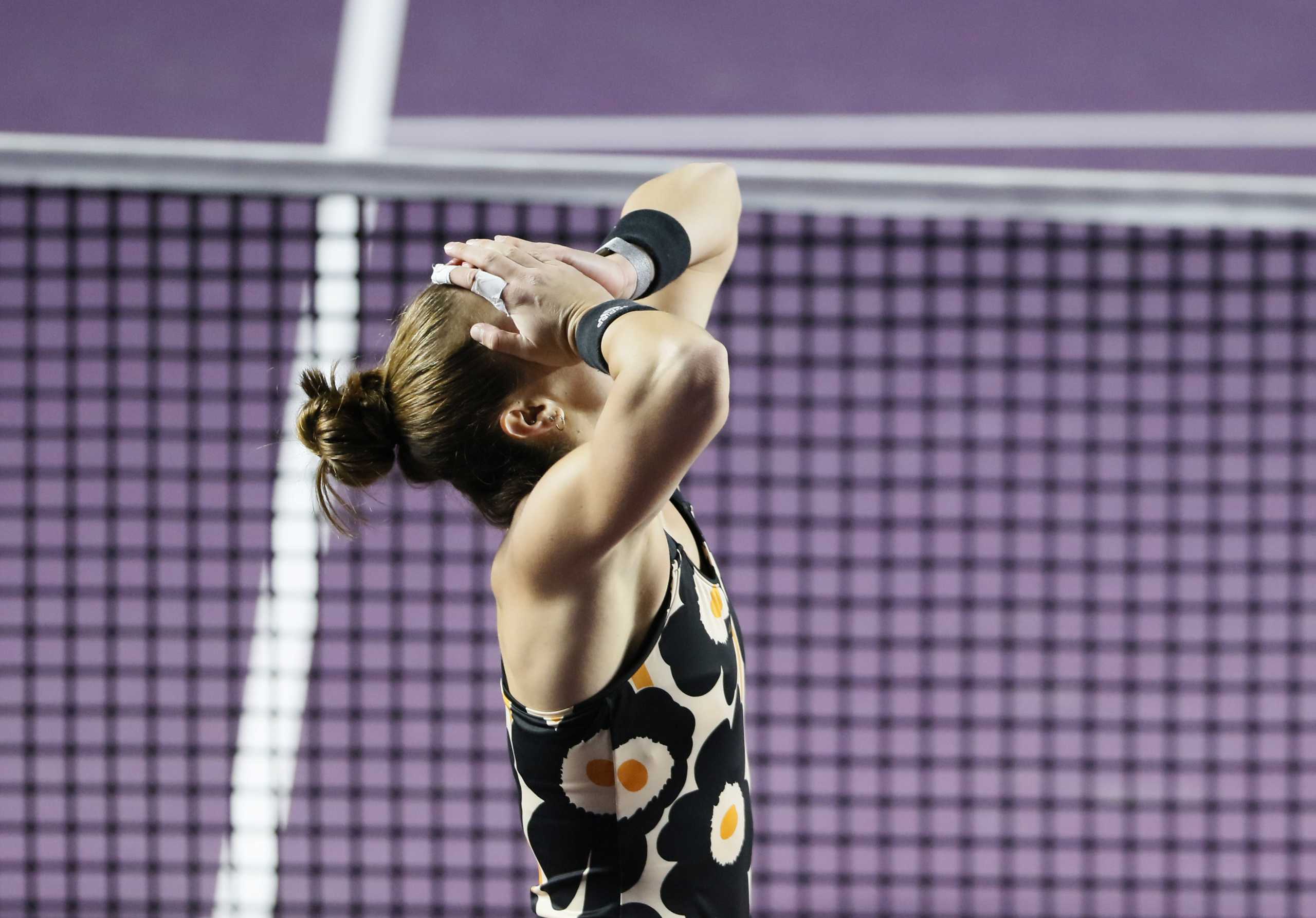 Tennis - WTA Tour Finals - Panamerican Tennis Center, Guadalajara, Mexico - November 15, 2021 Greece's Maria Sakkari reacts after winning her group stage match against Belarus' Aryna Sabalenka REUTERS