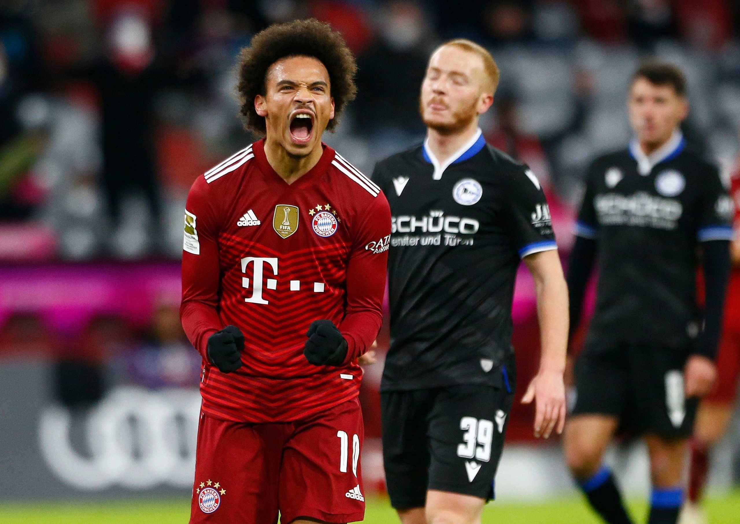 Soccer Football - Bundesliga - Bayern Munich v Arminia Bielefeld - Allianz Arena, Munich, Germany - November 27, 2021 Bayern Munich's Leroy Sane celebrates scoring their first goal REUTERS