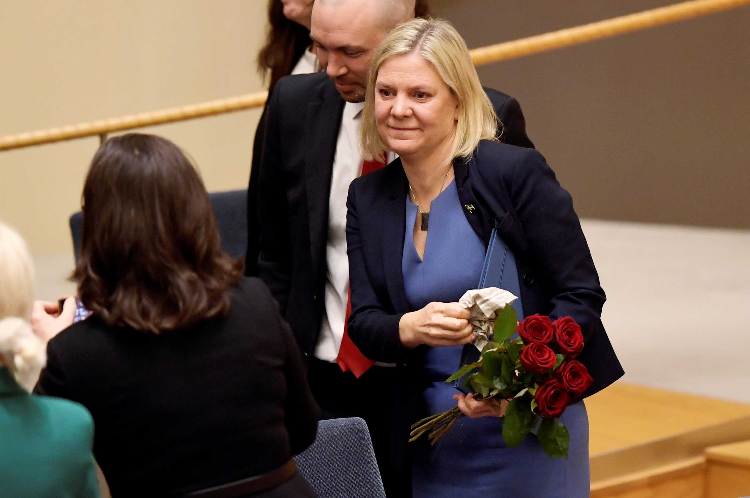 Current Finance Minister and Social Democrat leader Magdalena Andersson is congratulated after being appointed as the country's new Prime Minister following a voting at the Swedish Parliament Riksdagen in Stockholm, Sweden November 24, 2021. Andersson is the first ever Swedish female prime minister. Erik Simander