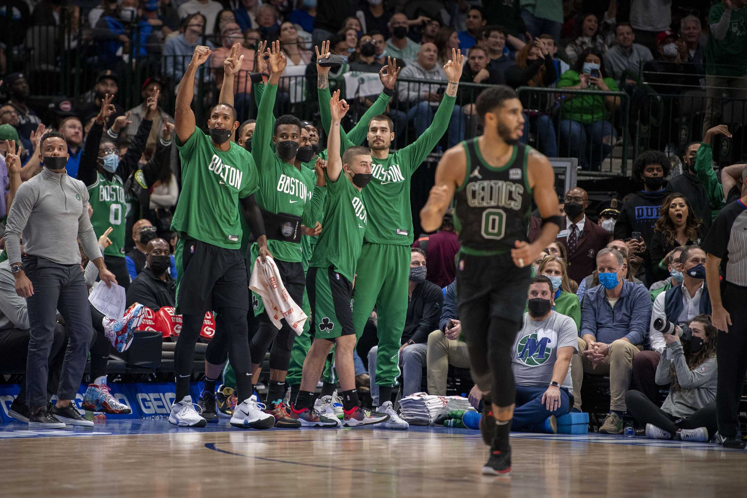 Nov 6, 2021; Dallas, Texas, USA; The Boston Celtics celebrate forward Jayson Tatum (0) making a three point basket against the Dallas Mavericks during the second half at the American Airlines Center. Mandatory Credit: Jerome Miron-USA TODAY Sports