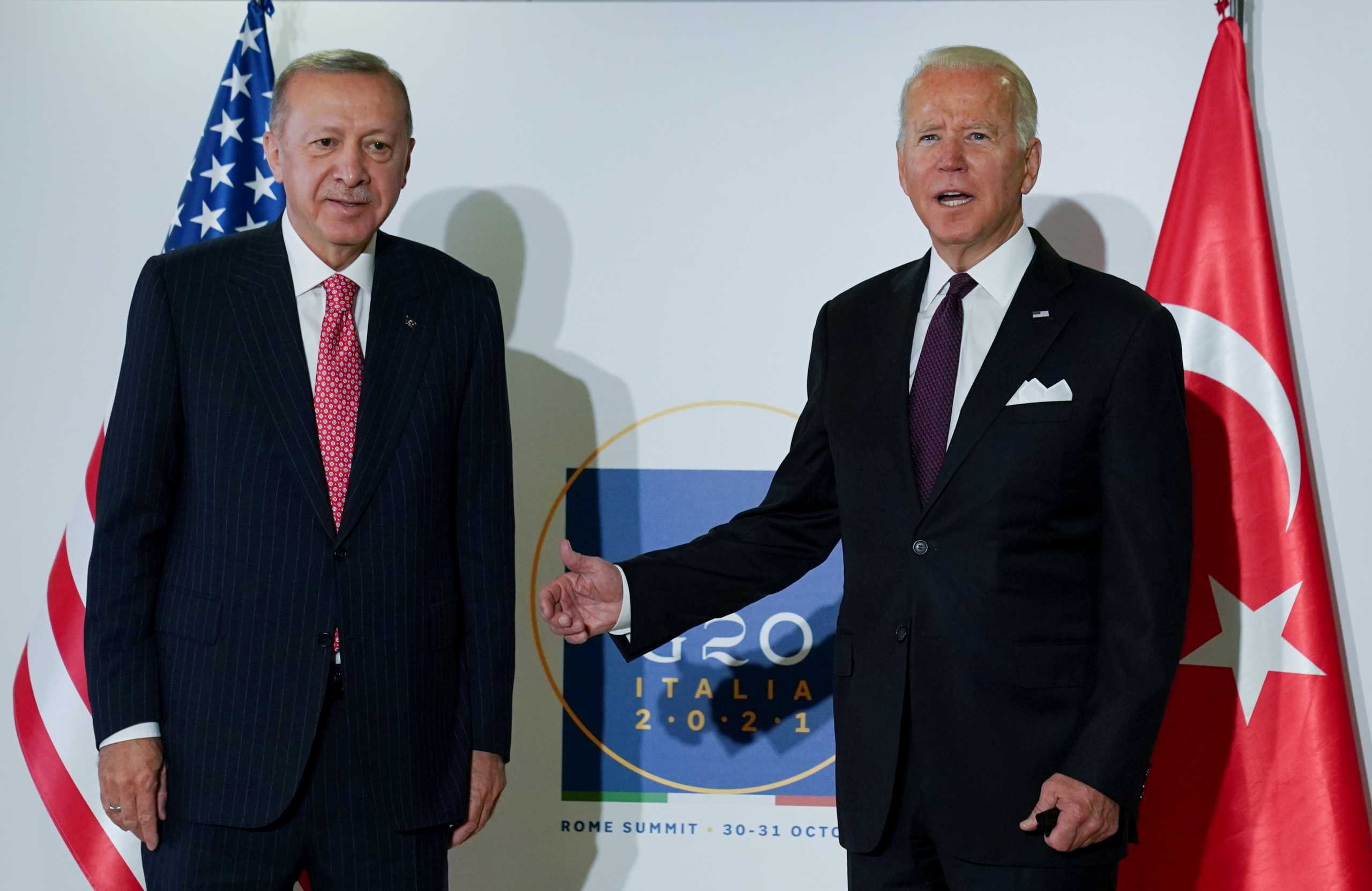 FILE PHOTO: U.S. President Joe Biden and Turkey's President Tayyip Erdogan pose for a photo as they attend a bilateral meeting, on the sidelines of the G20 leaders' summit in Rome, Italy October 31, 2021. REUTERS