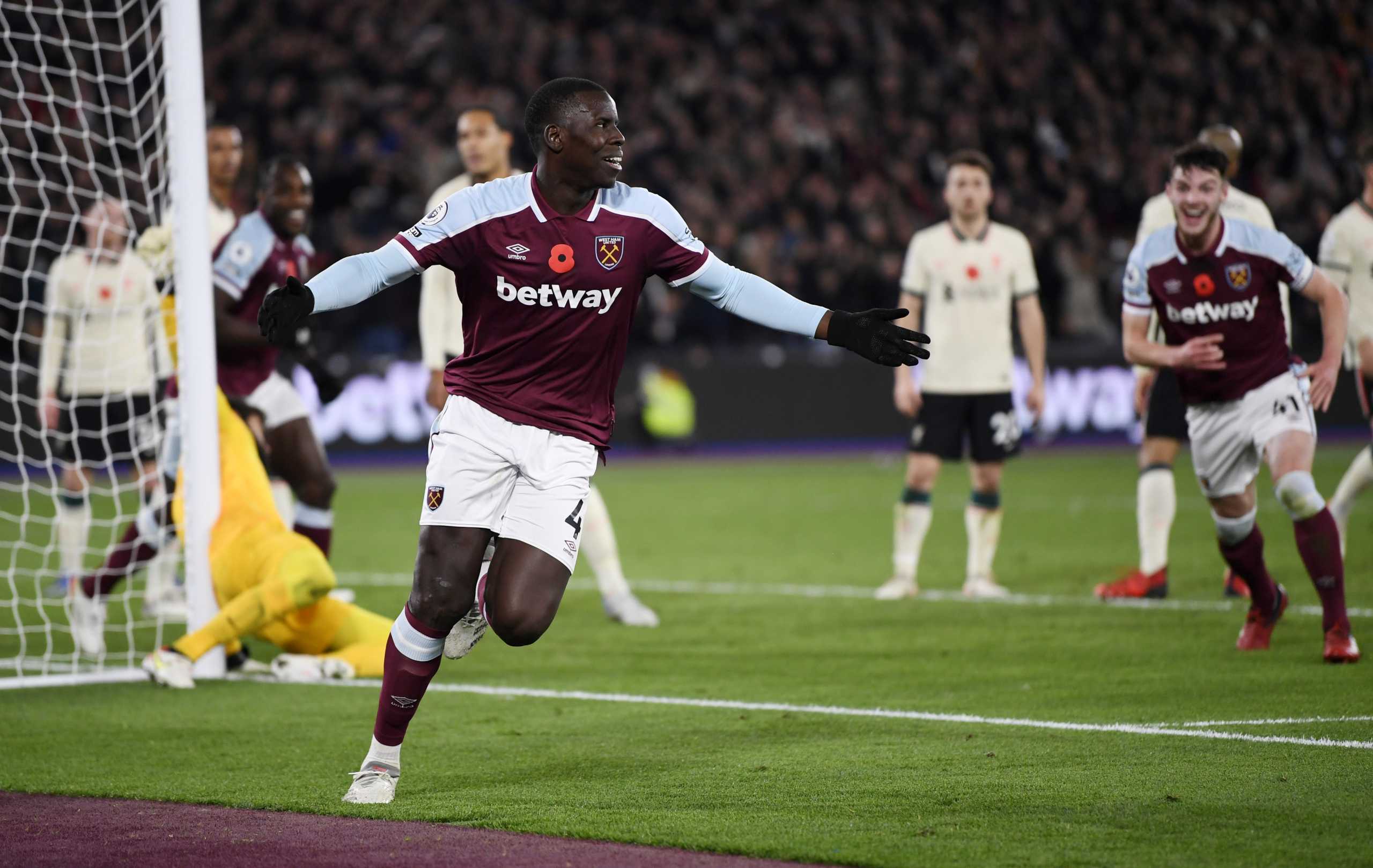 Soccer Football - Premier League - West Ham United v Liverpool - London Stadium, London, Britain - November 7, 2021 West Ham United's Kurt Zouma celebrates scoring their third goal Reuters