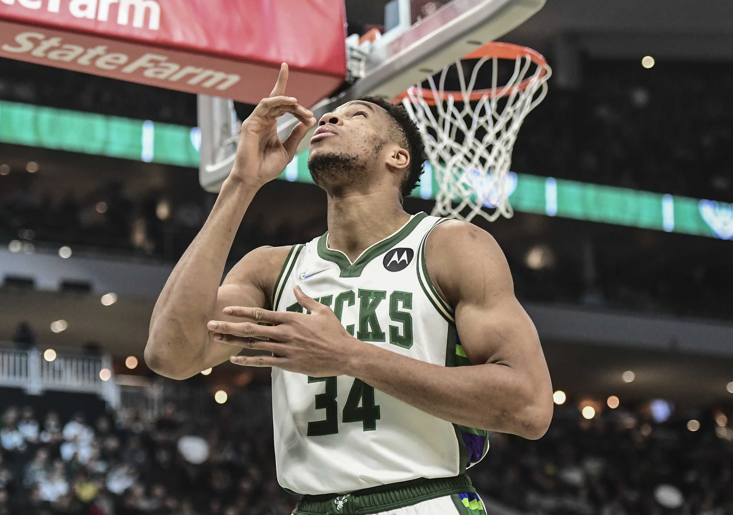 Dec 1, 2021; Milwaukee, Wisconsin, USA;  Milwaukee Bucks forward Giannis Antetokounmpo (34) gets ready before the game against the Charlotte Hornets at Fiserv Forum. Mandatory Credit: Benny Sieu-USA TODAY Sports