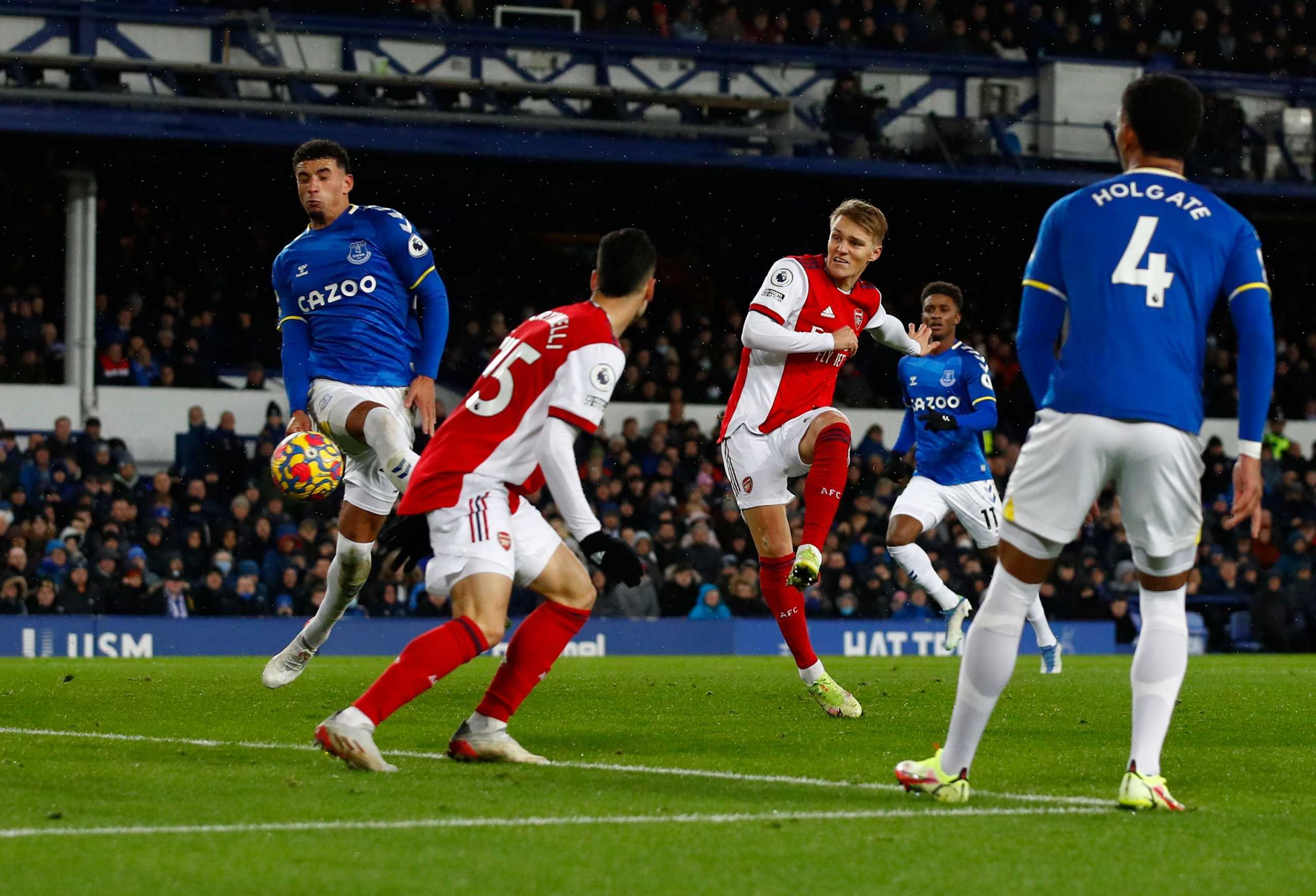 Soccer Football - Premier League - Everton v Arsenal - Goodison Park, Liverpool, Britain - December 6, 2021  Arsenal's Martin Odegaard scores their first goal Action Images via Reuters