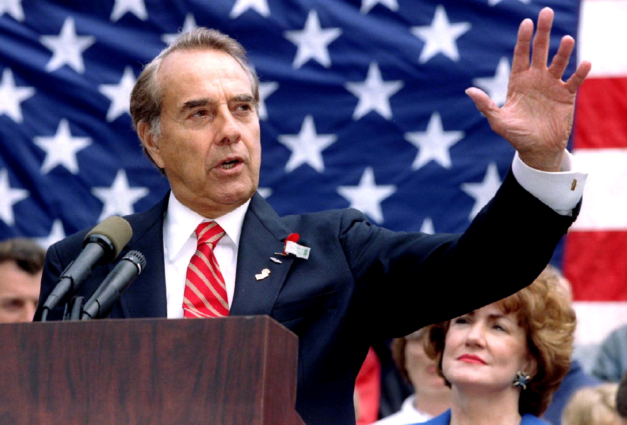 FILE PHOTO: Republican presidential candidate Bob Dole makes a point during a Memorial Day speech in Clifton, New Jersey May 27, 1996. REUTERS