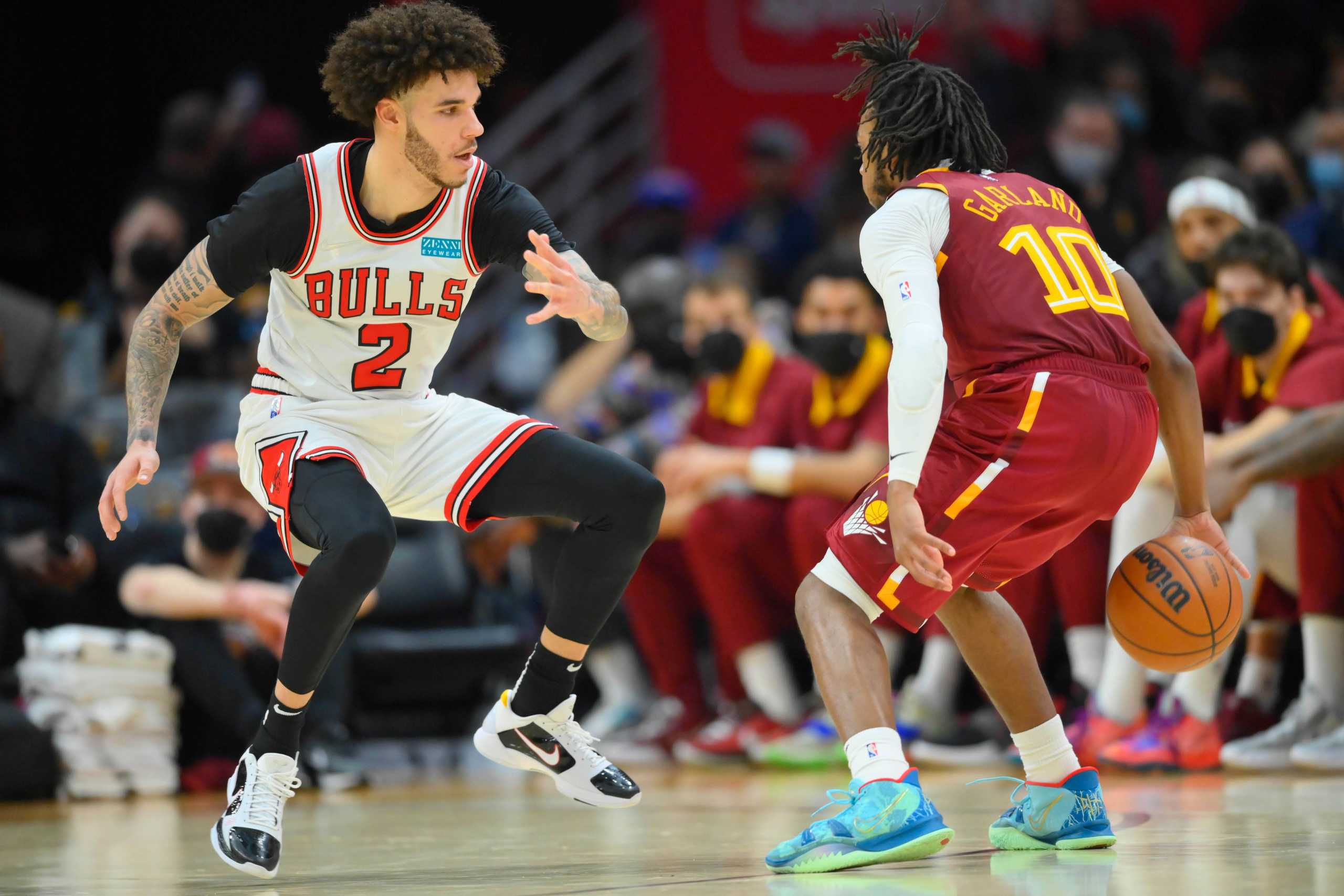 Dec 8, 2021; Cleveland, Ohio, USA; Chicago Bulls guard Lonzo Ball (2) defends Cleveland Cavaliers guard Darius Garland (10) in the third quarter at Rocket Mortgage FieldHouse. Mandatory Credit: David Richard-USA TODAY Sports