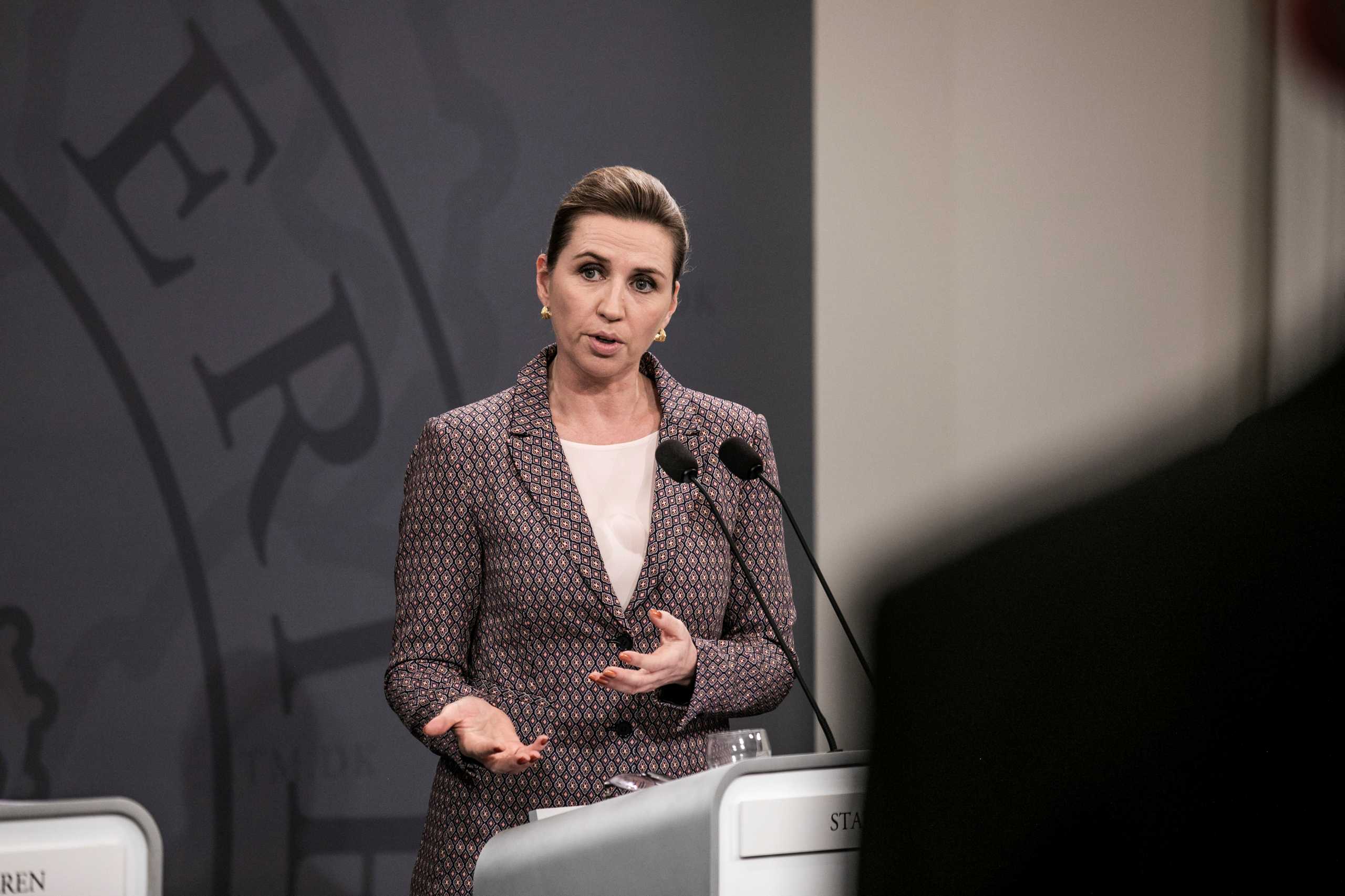 Denmark's Prime Minister Mette Frederiksen speaks during a news conference on the coronavirus disease (COVID-19) in the Mirror Hall in the PM's Office at Christiansborg Palace, in Copenhagen, Denmark, November 8, 2021. Ritzau Scanpix