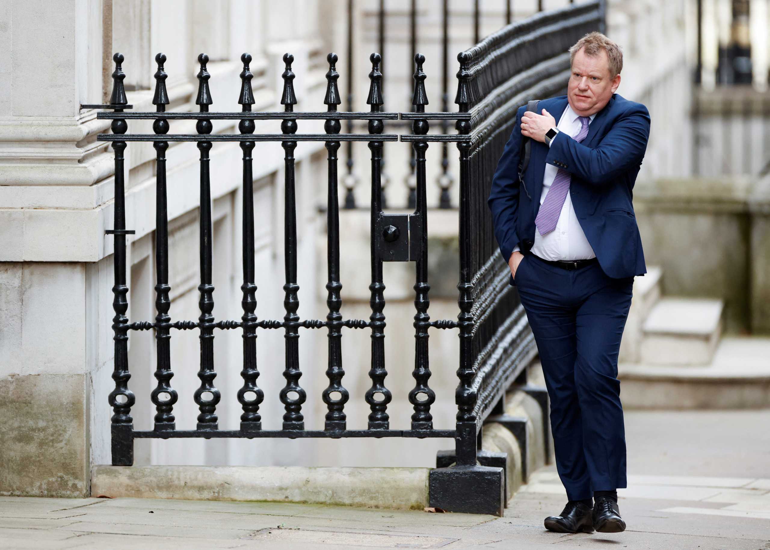 FILE PHOTO: David Frost walks outside Downing Street in London, Britain, February 24, 2021. REUTERS