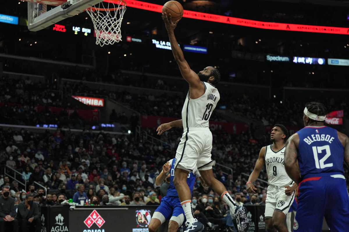 Dec 27, 2021; Los Angeles, California, USA; Brooklyn Nets guard James Harden (13) shoots the ball against the LA Clippers in the second half at Crypto.com Arena. Mandatory Credit: Kirby Lee-USA TODAY Sports