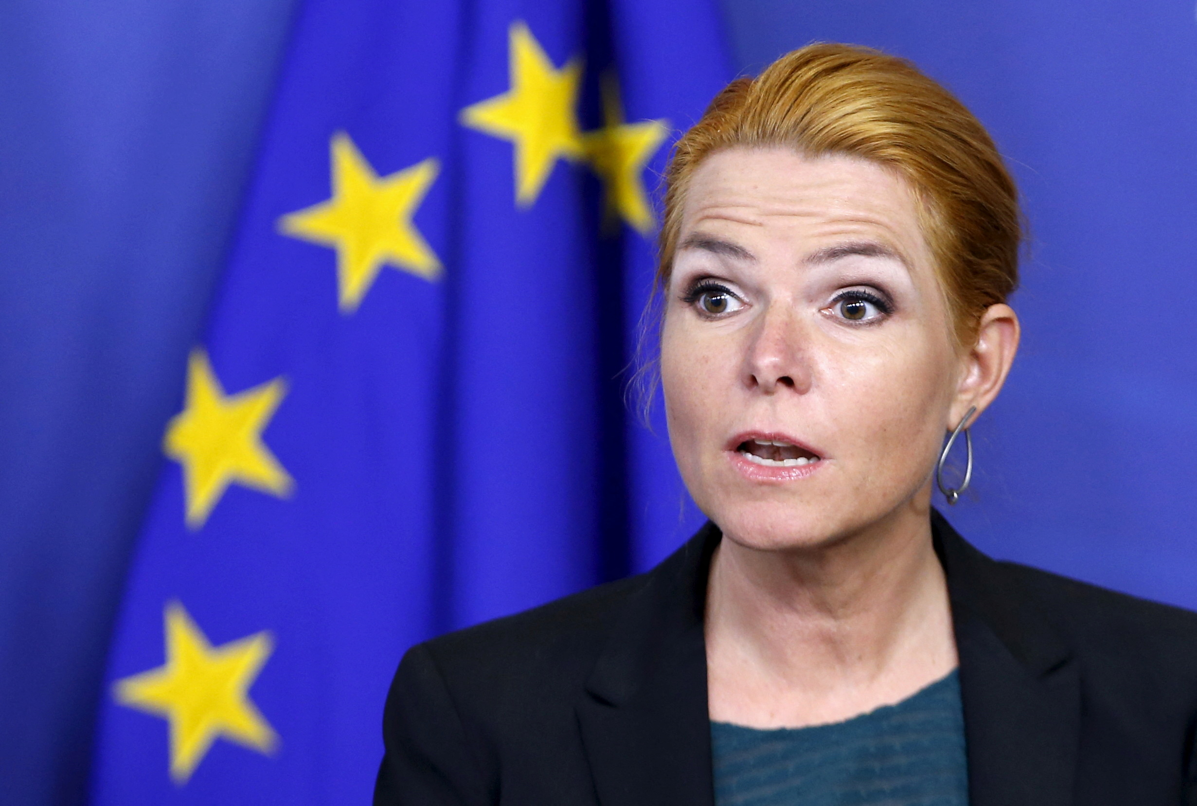 FILE PHOTO: Danish Immigration and Integration Minister Inger Stojberg speaks at a joint news conference at the EU Commission headquarters in Brussels, Belgium, January 6, 2016. REUTERS