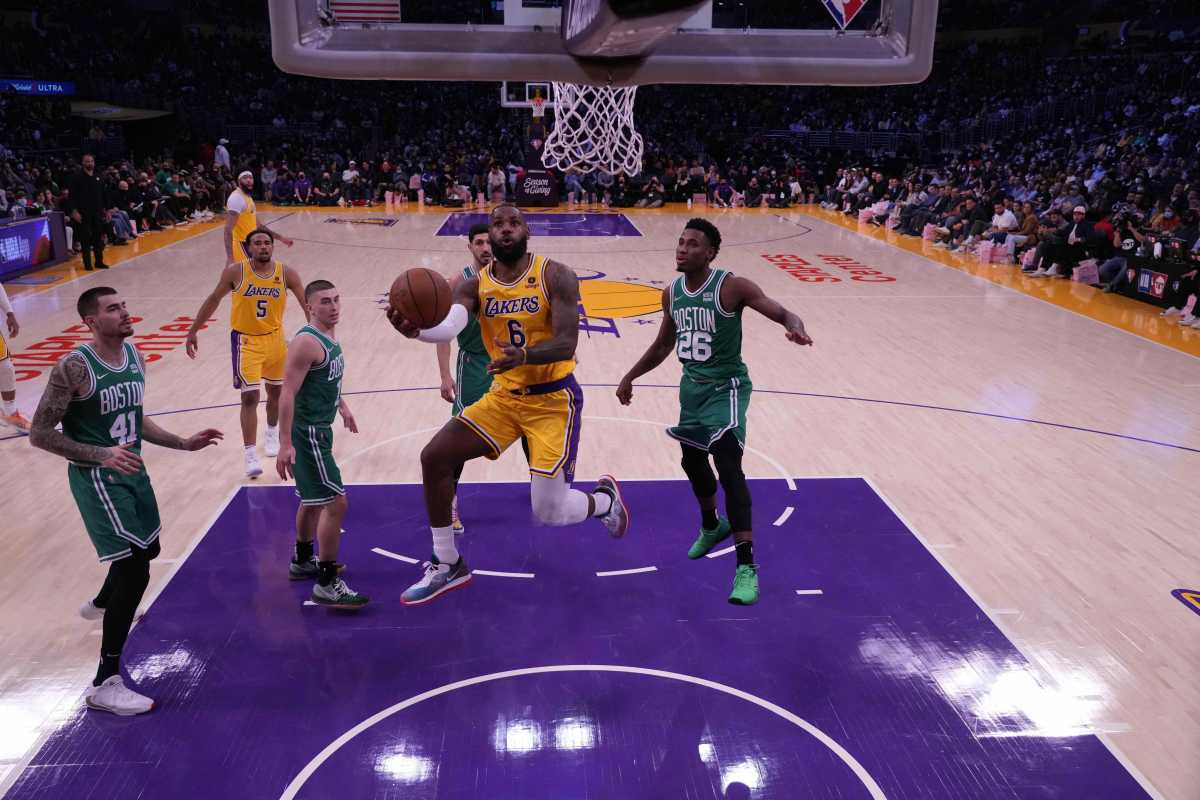 Dec 7, 2021; Los Angeles, California, USA; Los Angeles Lakers forward LeBron James (6) shoots the ball against the Boston Celtics in the second half at Staples Center.The Lakers defeated the Celtics 117-102.  Mandatory Credit: Kirby Lee-USA TODAY Sports