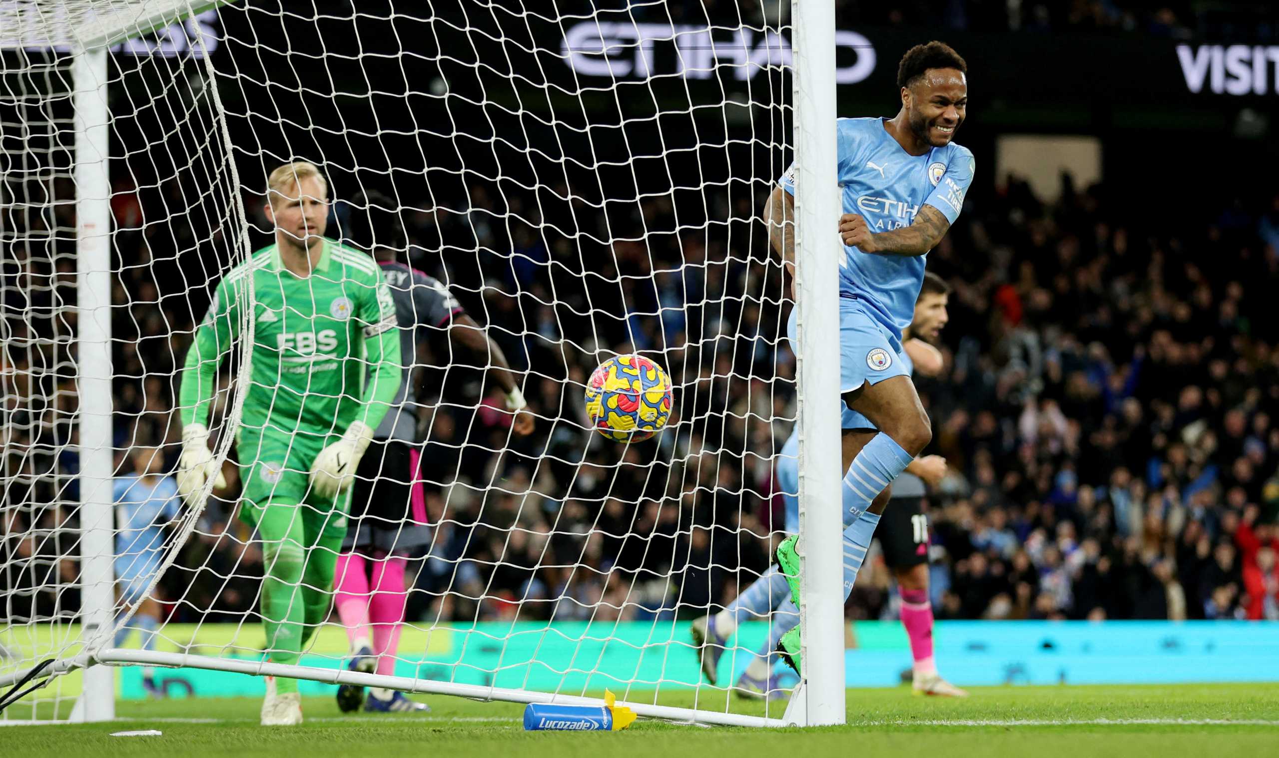 Soccer Football - Premier League - Manchester City v Leicester City - Etihad Stadium, Manchester, Britain - December 26, 2021 Manchester City's Raheem Sterling celebrates scoring their sixth goal Action Images via Reuters
