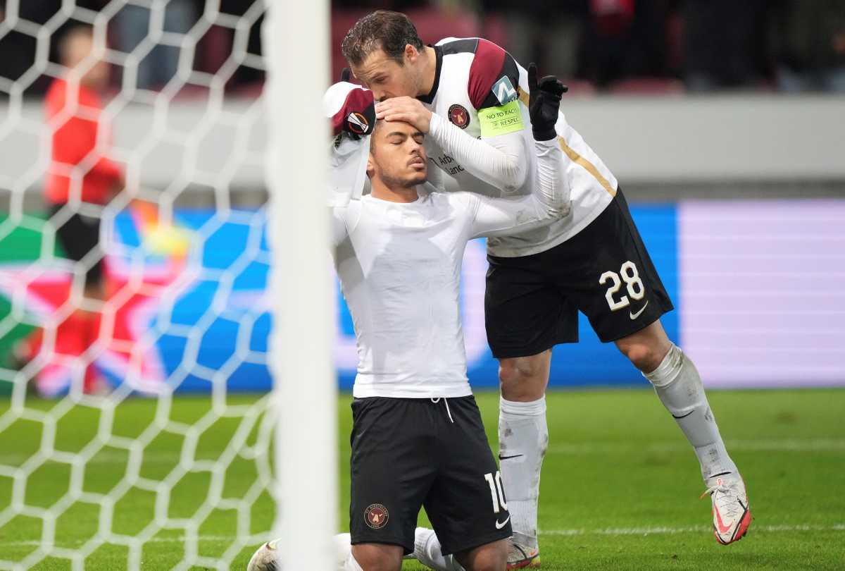Soccer Football - Europa League - Group F -  FC Midtjylland v Sporting Braga - MCH Arena, Herning, Denmark - November 25, 2021 FC Midtjylland Erik Sviatchenko celebrates with Evander Ferreira  Claus Fisker