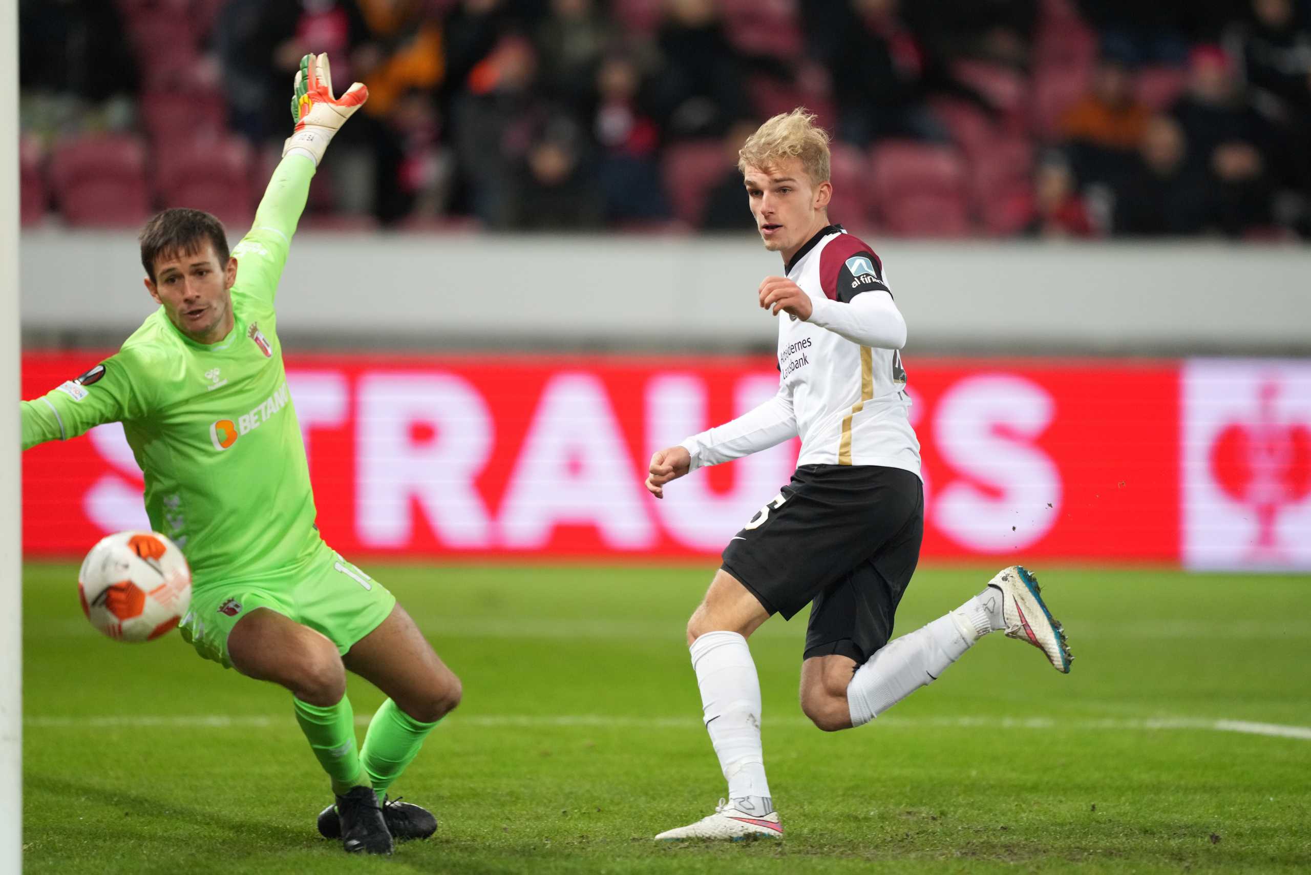 Soccer Football - Europa League - Group F -  FC Midtjylland v Sporting Braga - MCH Arena, Herning, Denmark - November 25, 2021 FC Midtjylland's Gustav Isaksen scores their second goal  Claus Fisker