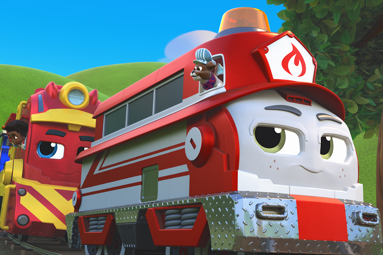Mighty Express: Train Trouble (L to R) Dylan Schombing as Freight Nate and Evan Lefeuvre as Rescue Red in Mighty Express: Train Trouble Cr. Courtesy of Netflix © 2021