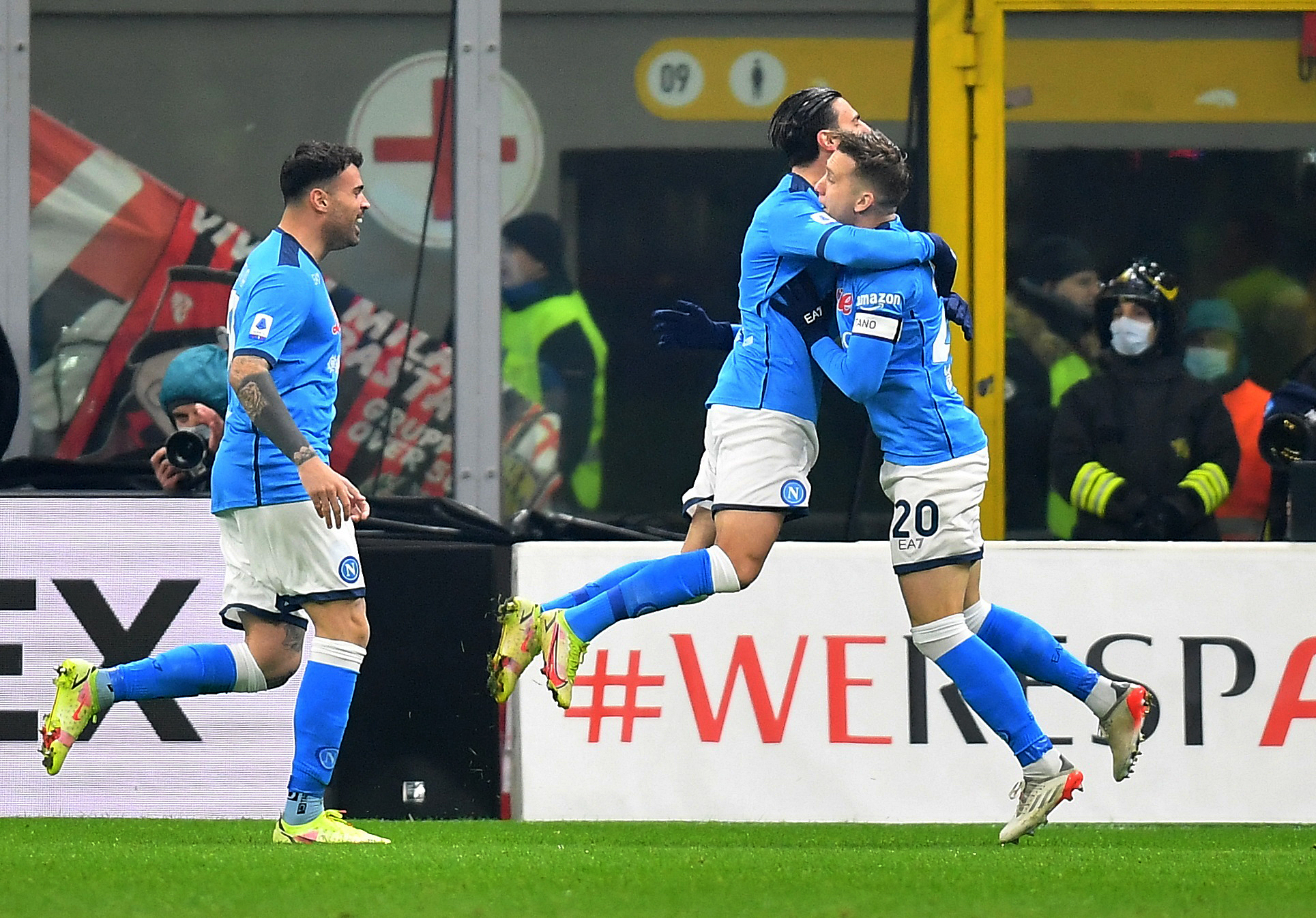 Soccer Football - Serie A - AC Milan v Napoli - San Siro, Milan, Italy - December 19, 2021 Napoli's Eljif Elmas celebrates scoring their first goal with Piotr Zielinski REUTERS
