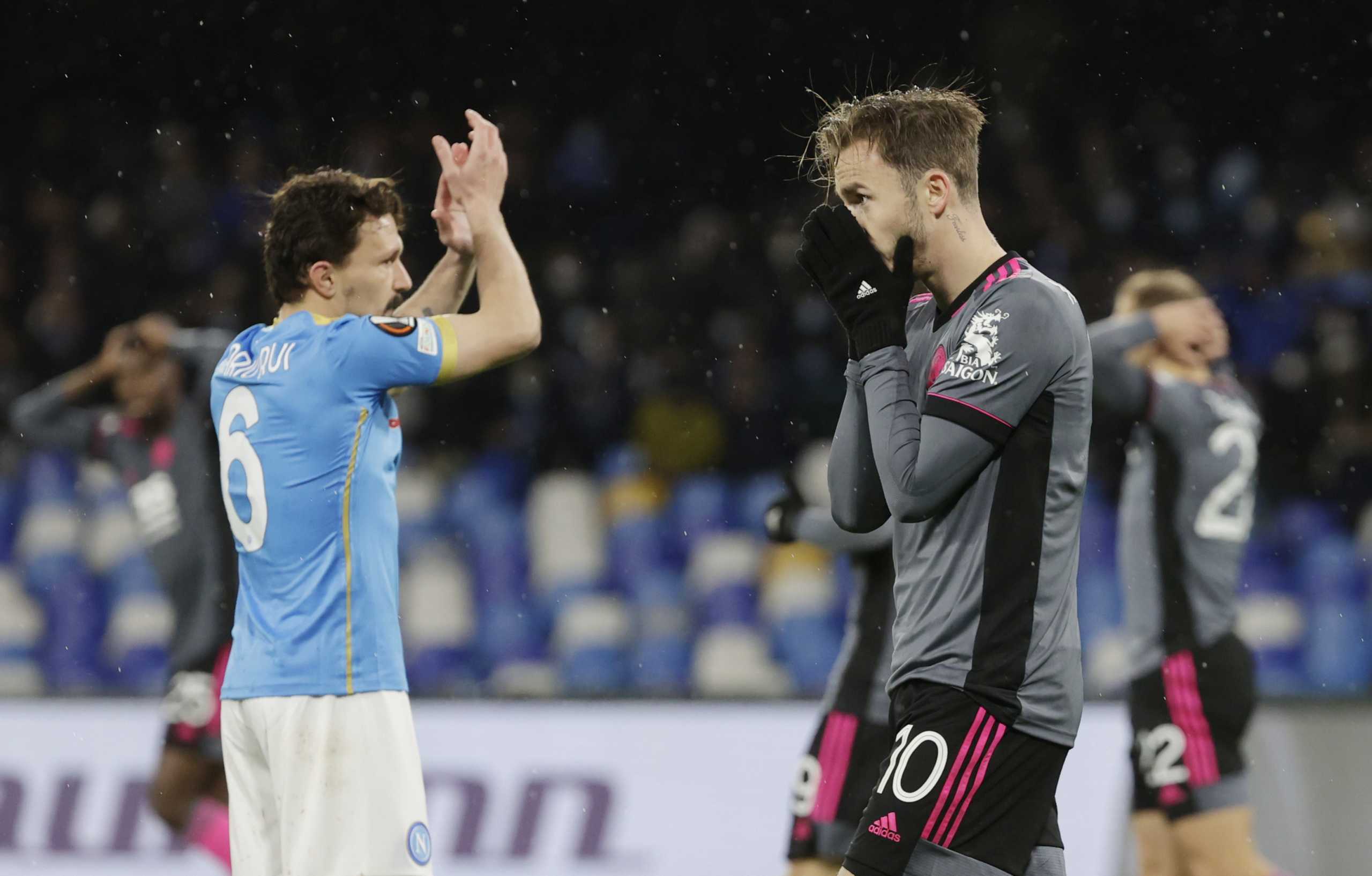 Soccer Football - Europa League - Group C - Napoli v Leicester City - Stadio Diego Armando Maradona, Naples, Italy - December 9, 2021  Leicester City's James Maddison reacts REUTERS