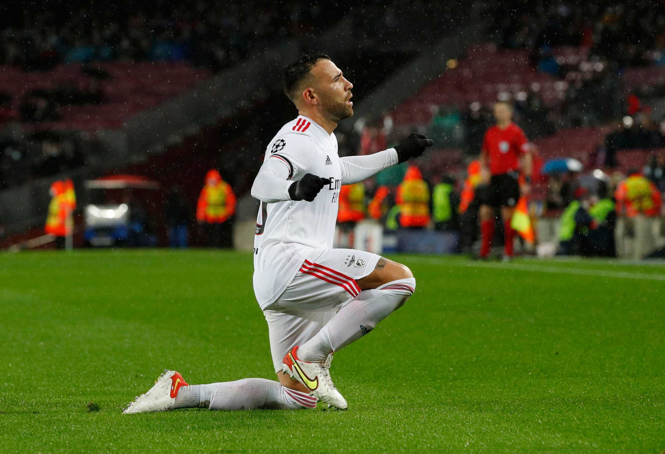 Soccer Football - Champions League - Group E - FC Barcelona v Benfica - Camp Nou, Barcelona, Spain - November 23, 2021 Benfica's Nicolas Otamendi celebrates scoring their first goal later disallowed REUTERS