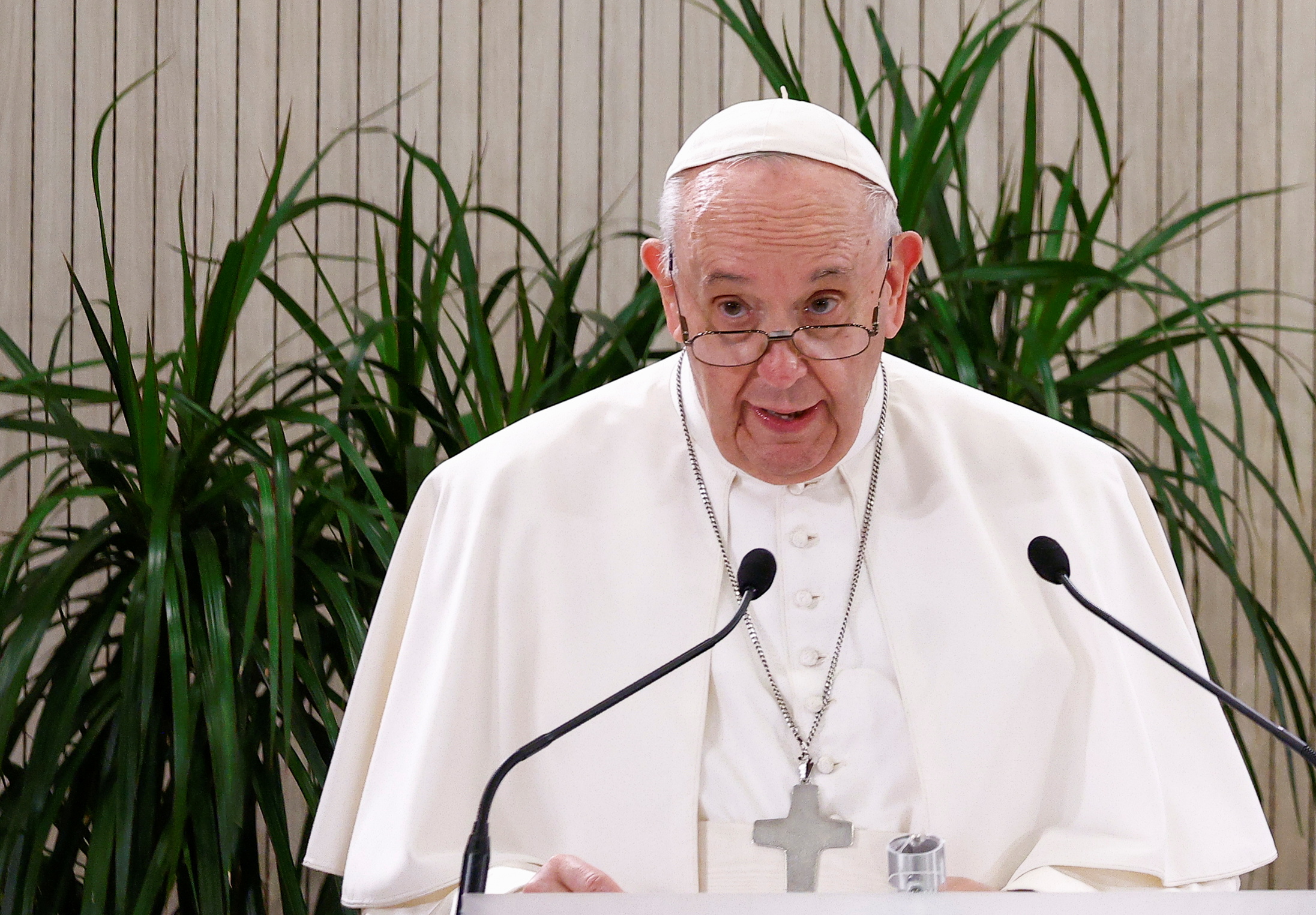 Pope Francis speaks during a meeting with the diplomatic corps and members of civil society in the Ceremonial Hall of the Presidential Palace, in Nicosia, Cyprus, December 2, 2021. REUTERS