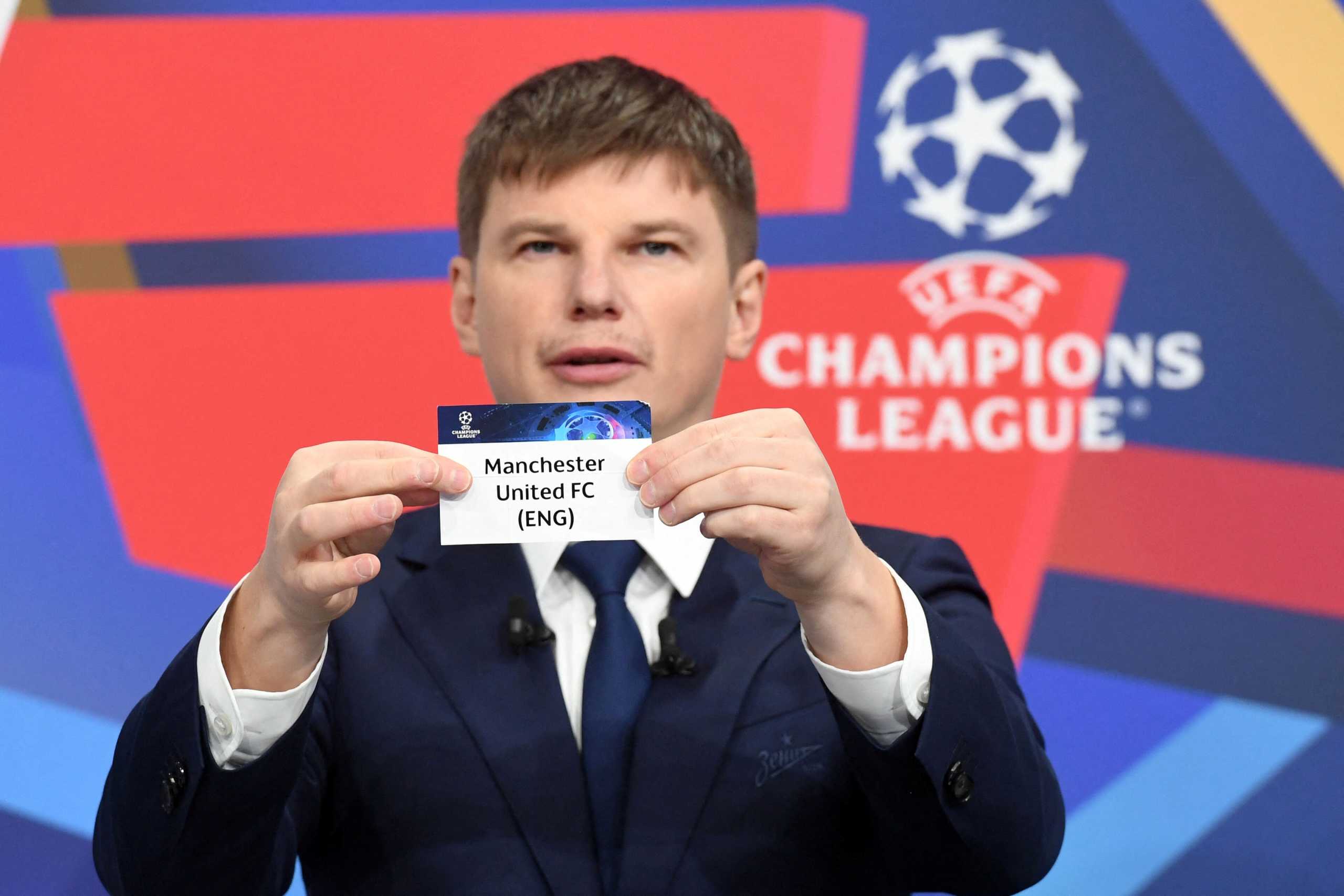 Soccer Football - Champions League - Round of 16 Draw - Nyon, Switzerland - December 13, 2021 Andrey Arshavin draws out the card of Manchester United during the UEFA Champions League 2021