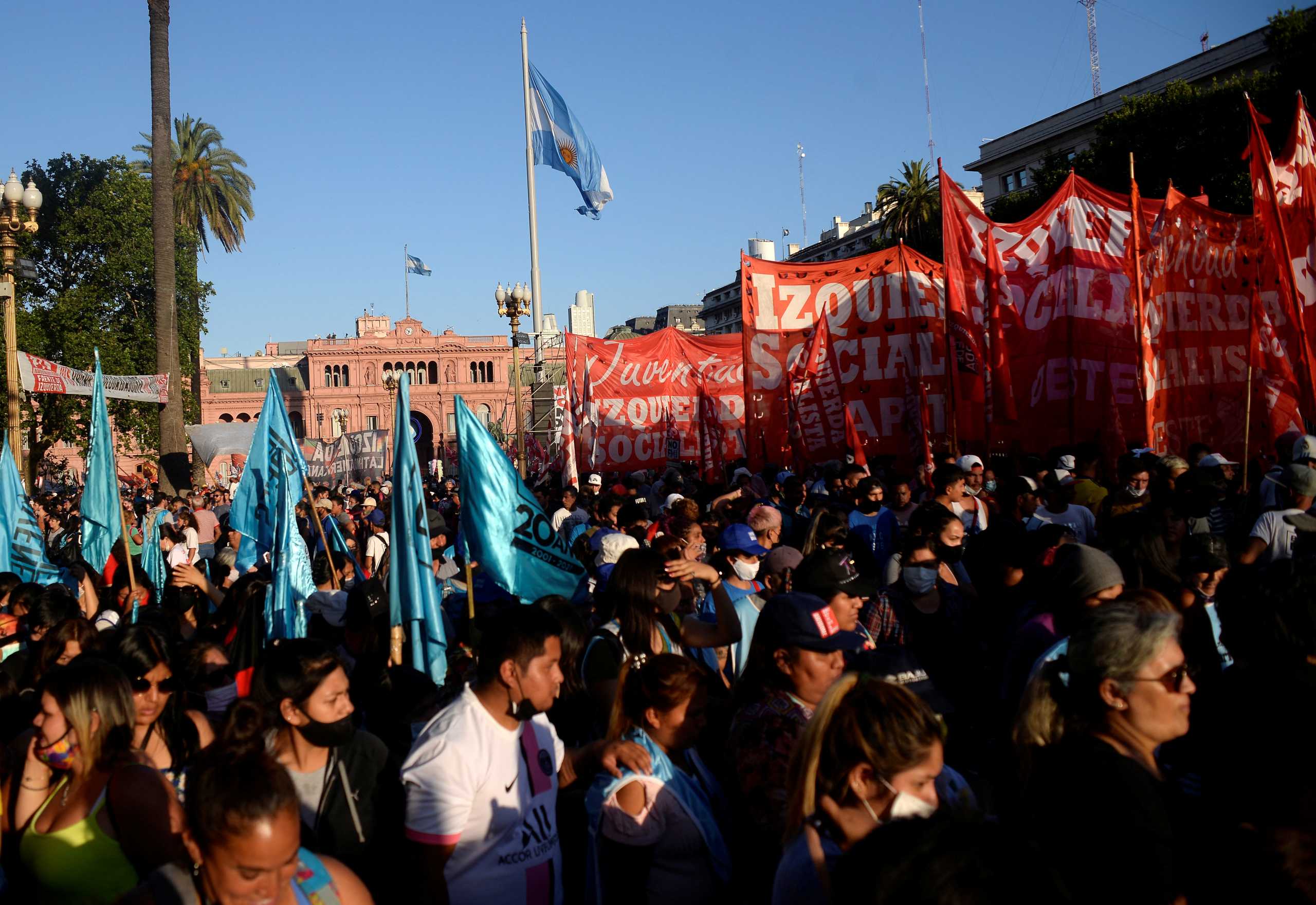 Demonstrators take part in a protest against the possible new deal with the IMF, at the Plaza de Mayo square in Buenos Aires, Argentina, December 11, 2021. REUTERS