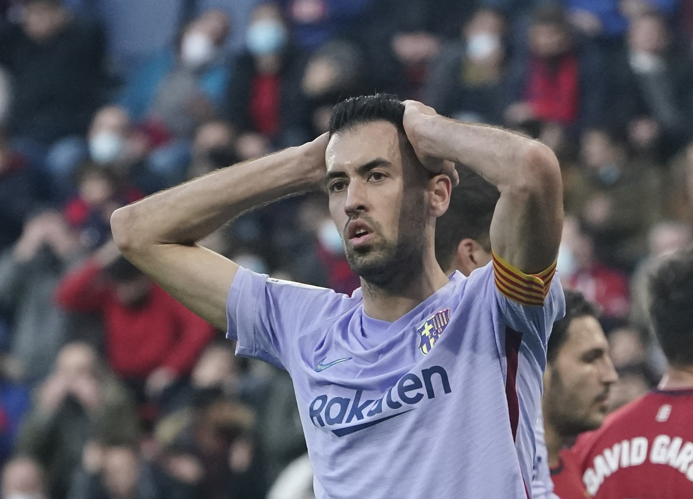 Soccer Football - LaLiga - Osasuna v FC Barcelona - El Sadar Stadium, Pamplona, Spain - December 12, 2021 FC Barcelona's Sergio Busquets reacts REUTERS