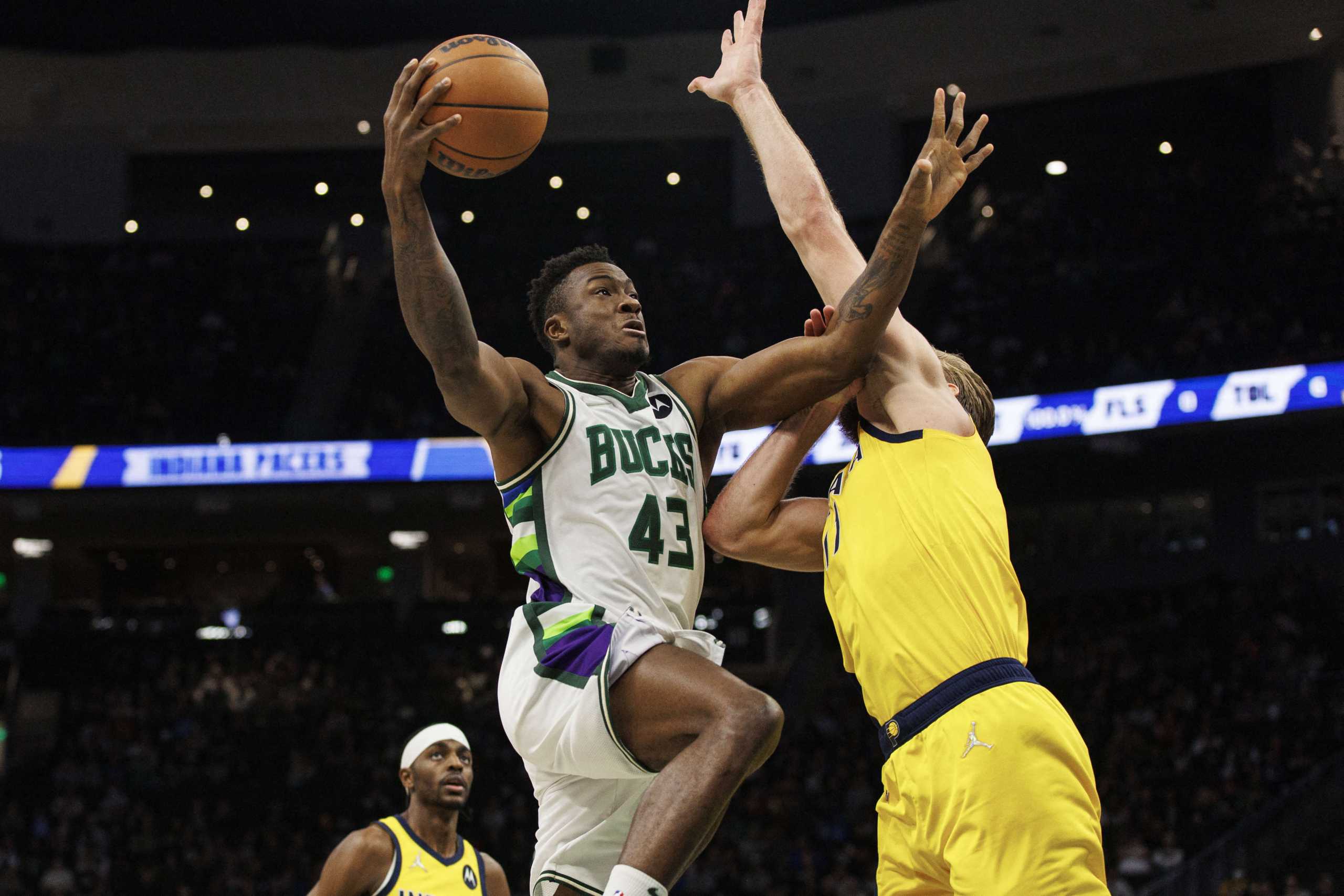Dec 15, 2021; Milwaukee, Wisconsin, USA;  Milwaukee Bucks forward Thanasis Antetokounmpo (43) shoots during the first quarter against the Indiana Pacers at Fiserv Forum. Mandatory Credit: Jeff Hanisch-USA TODAY Sports