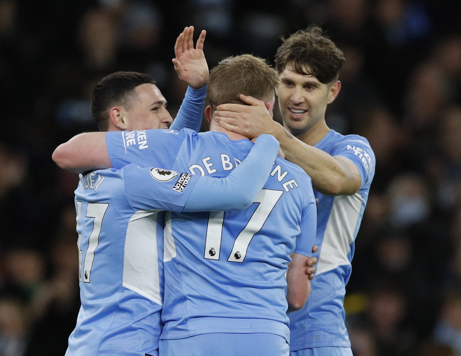 Soccer Football - Premier League - Manchester City v Leeds United - Etihad Stadium, Manchester, Britain - December 14, 2021 Manchester City's Kevin De Bruyne celebrates scoring their fifth goal with teammates REUTERS