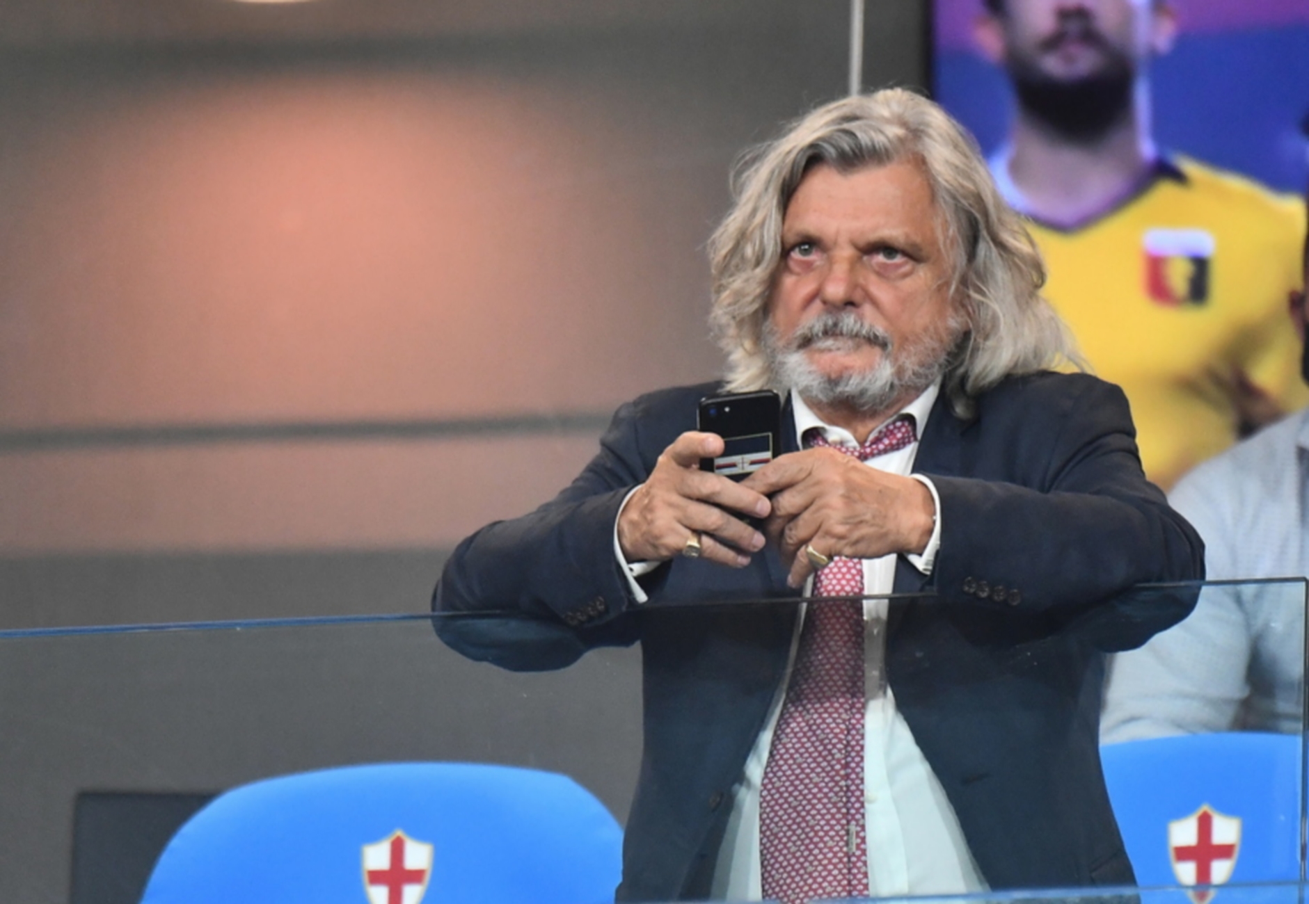 epa08561433 President of Uc Sampdoria Massimo Ferrero in tribune prior the Italian Serie A soccer match between UC Sampdoria vs Genoa CFC at the Luigi Ferraris stadium in Genoa, Italy 22 July 2020.  EPA