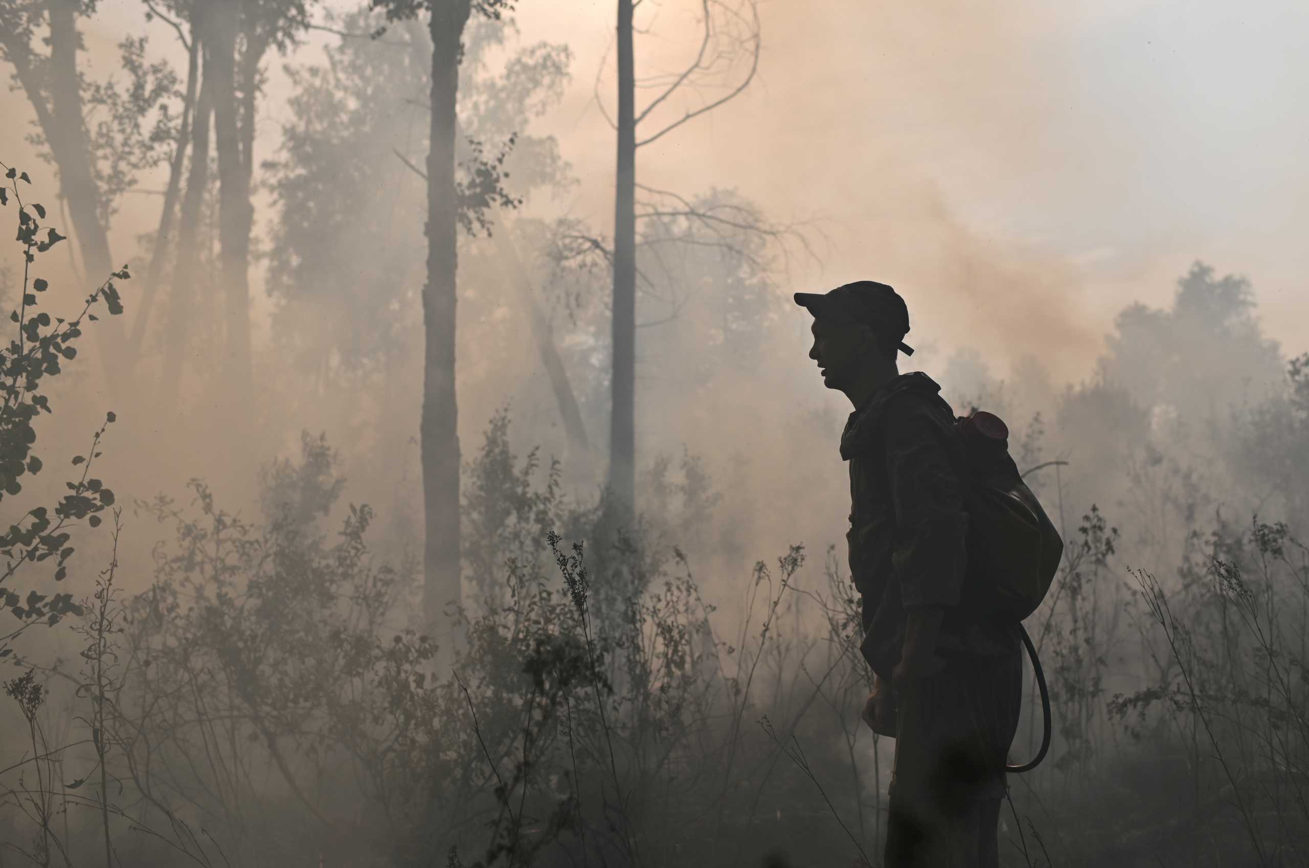 FILE PHOTO: A specialist of Russian Federal Agency for Forestry works to put out a forest fire outside the village of Basly in Omsk Region, Russia August 11, 2020. REUTERS