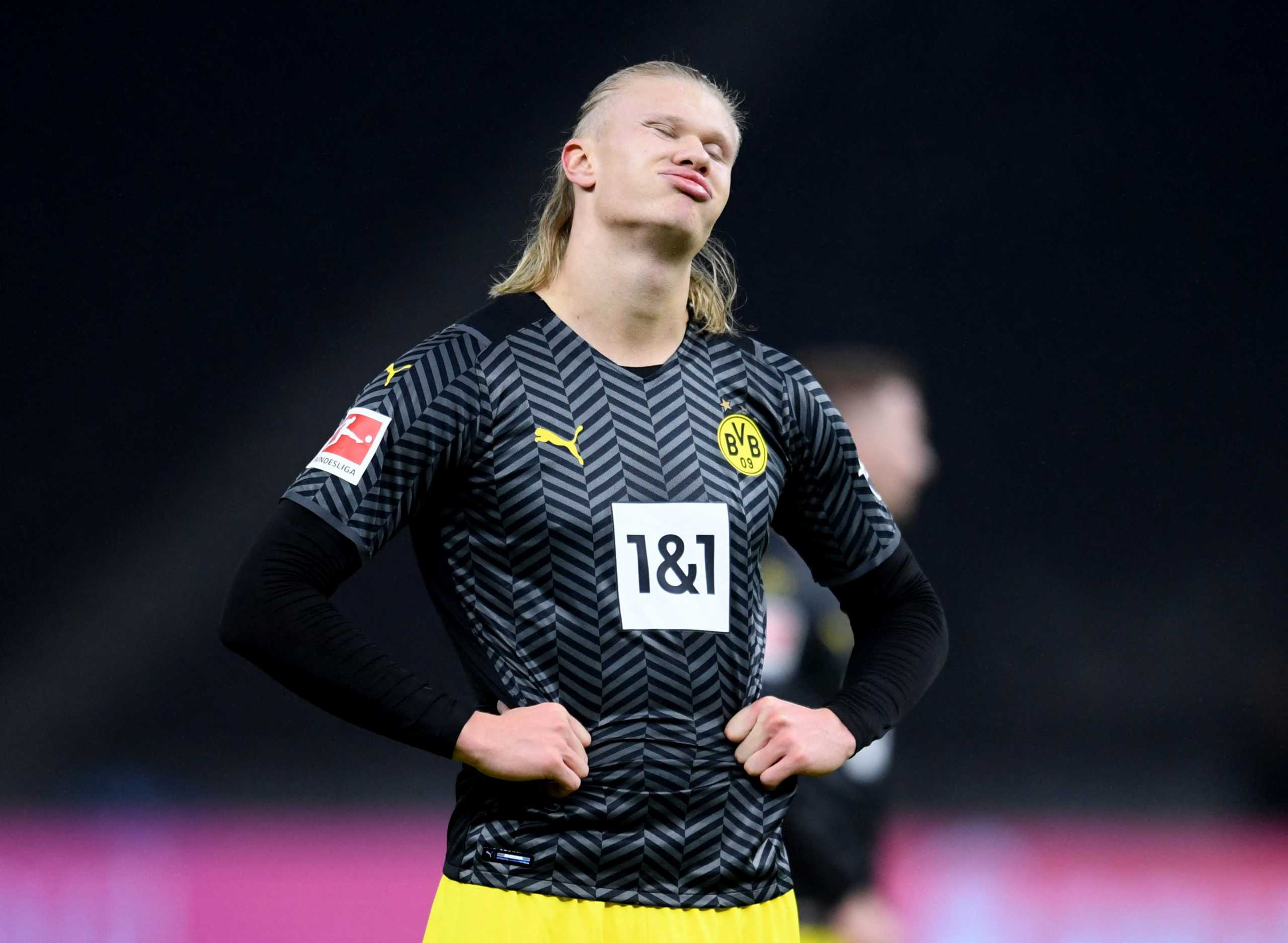 Soccer Football - Bundesliga - Hertha BSC v Borussia Dortmund - Olympiastadion, Berlin, Germany - December 18, 2021 Borussia Dortmund's Erling Braut Haaland reacts REUTERS