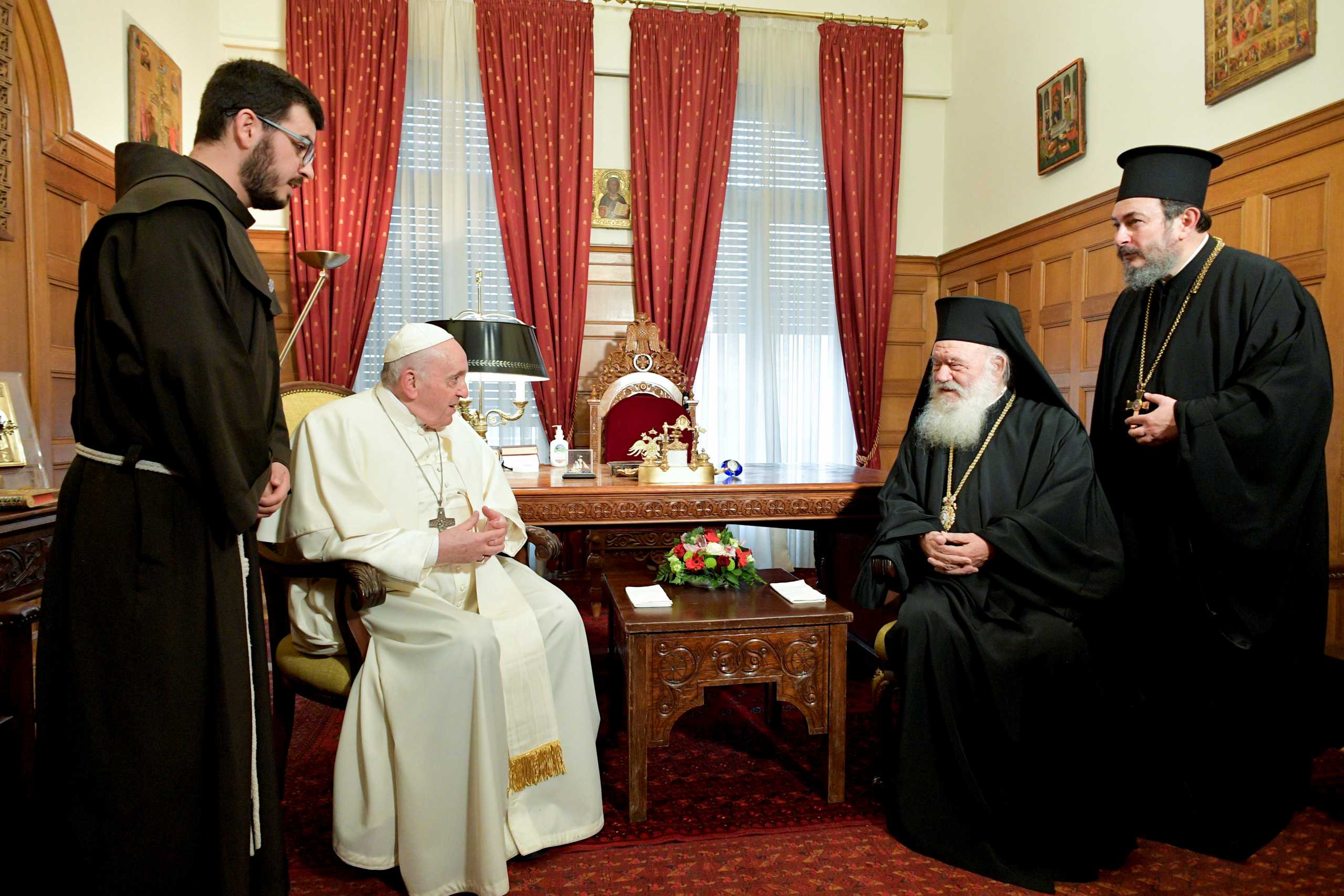 Pope Francis meets with Greek Orthodox church Archbishop Ieronimos at the Orthodox Archbishopric of Greece, in Athens, Greece, December 4, 2021.  Vatican Media