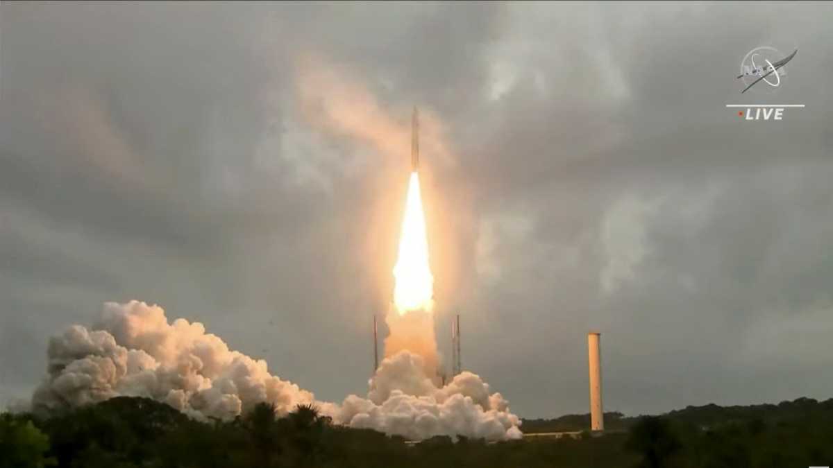 Arianespace's Ariane 5 rocket, with NASA’s James Webb Space Telescope onboard, launches from Europe’s Spaceport, the Guiana Space Center in Kourou, French Guiana December 25, 2021 in a still image from video.   NASA