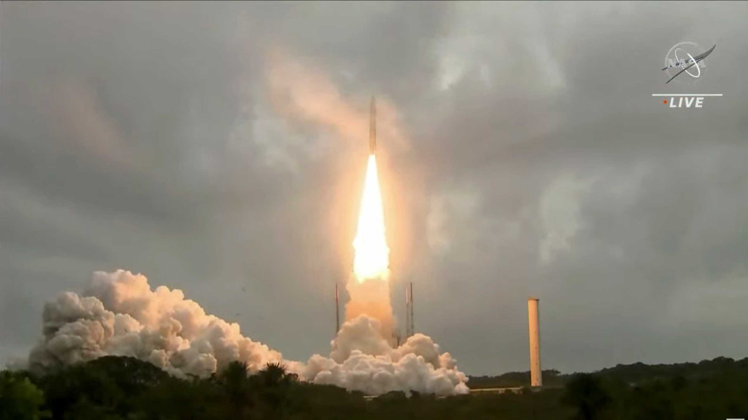 Arianespace's Ariane 5 rocket, with NASA’s James Webb Space Telescope onboard, launches from Europe’s Spaceport, the Guiana Space Center in Kourou, French Guiana December 25, 2021 in a still image from video.   NASA