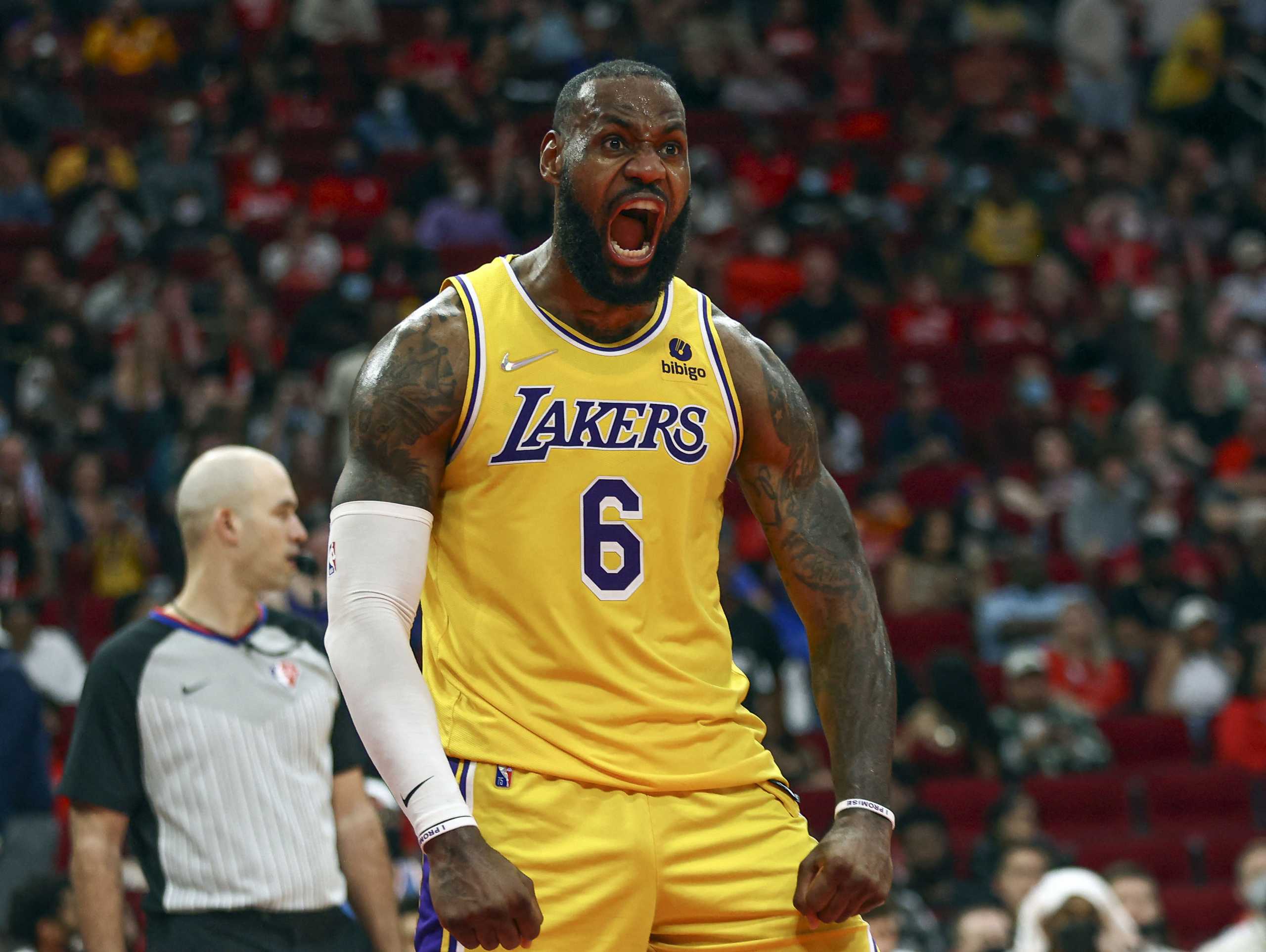 Dec 28, 2021; Houston, Texas, USA; Los Angeles Lakers forward LeBron James (6) reacts after scoring a basket during the fourth quarter against the Houston Rockets at Toyota Center. Mandatory Credit: Troy Taormina-USA TODAY Sports
