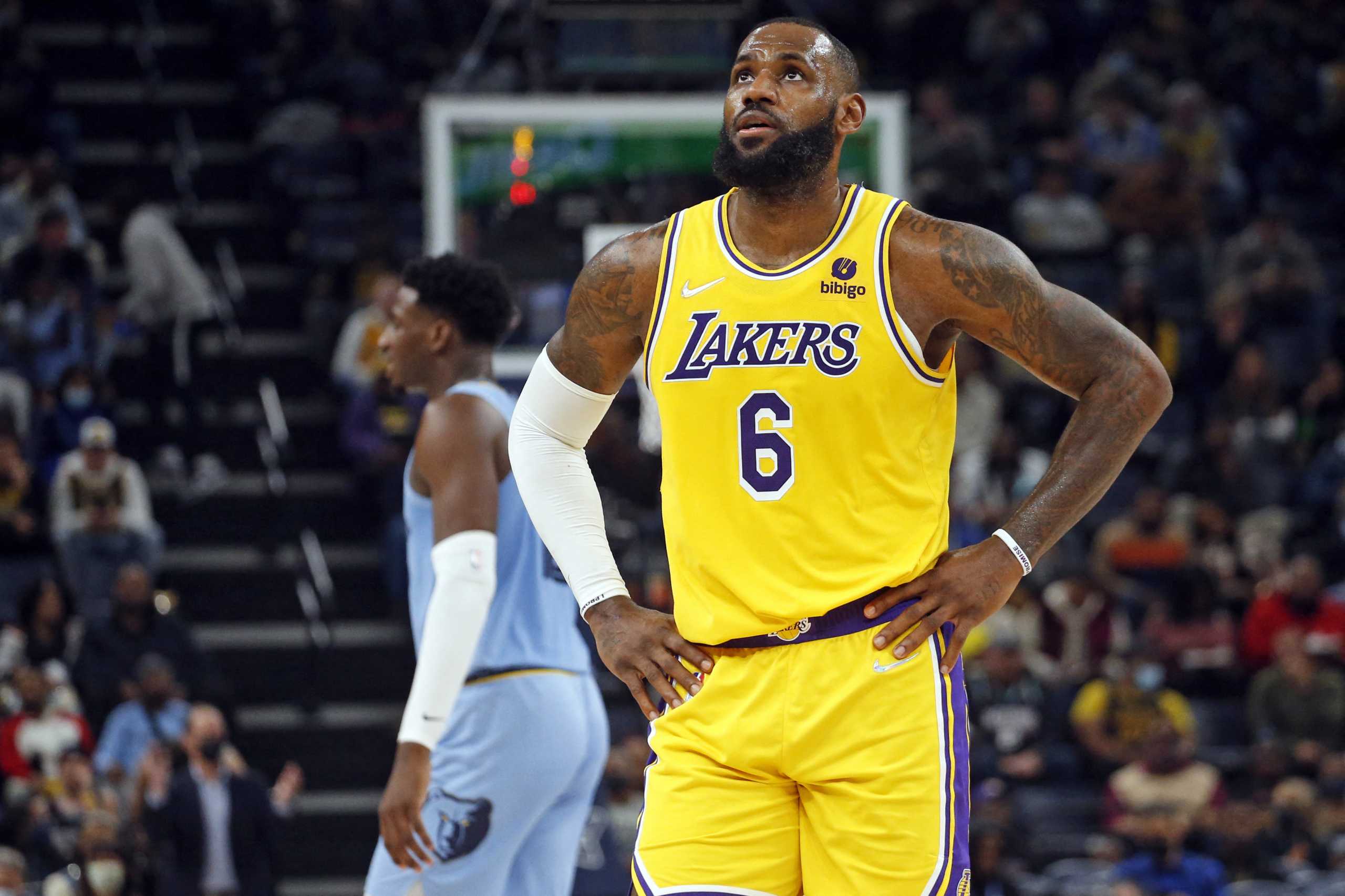 Dec 9, 2021; Memphis, Tennessee, USA; Los Angeles Lakers forward LeBron James (6) waits for play to resume during the second half against the Memphis Grizzles at FedExForum. Mandatory Credit: Petre Thomas-USA TODAY Sports