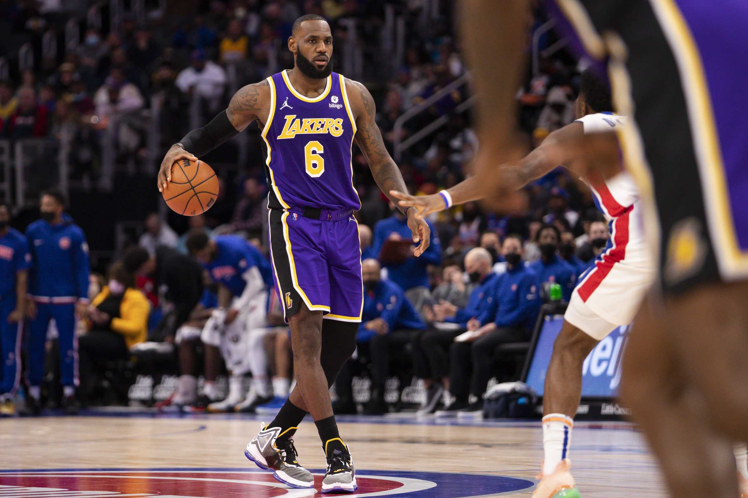 Nov 21, 2021; Detroit, Michigan, USA; Los Angeles Lakers forward LeBron James (6) dribbles the ball up the court during the second quarter against the Detroit Pistons at Little Caesars Arena. Mandatory Credit: Raj Mehta-USA TODAY Sports