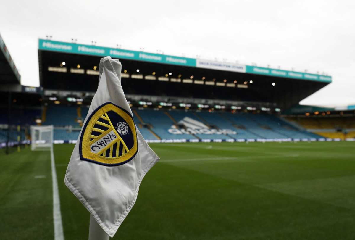 FILE PHOTO: Soccer Football - Premier League - Leeds United v Watford - Elland Road, Leeds, Britain - October 2, 2021 General view of the Leeds United crest on a corner flag inside the stadium before the match REUTERS